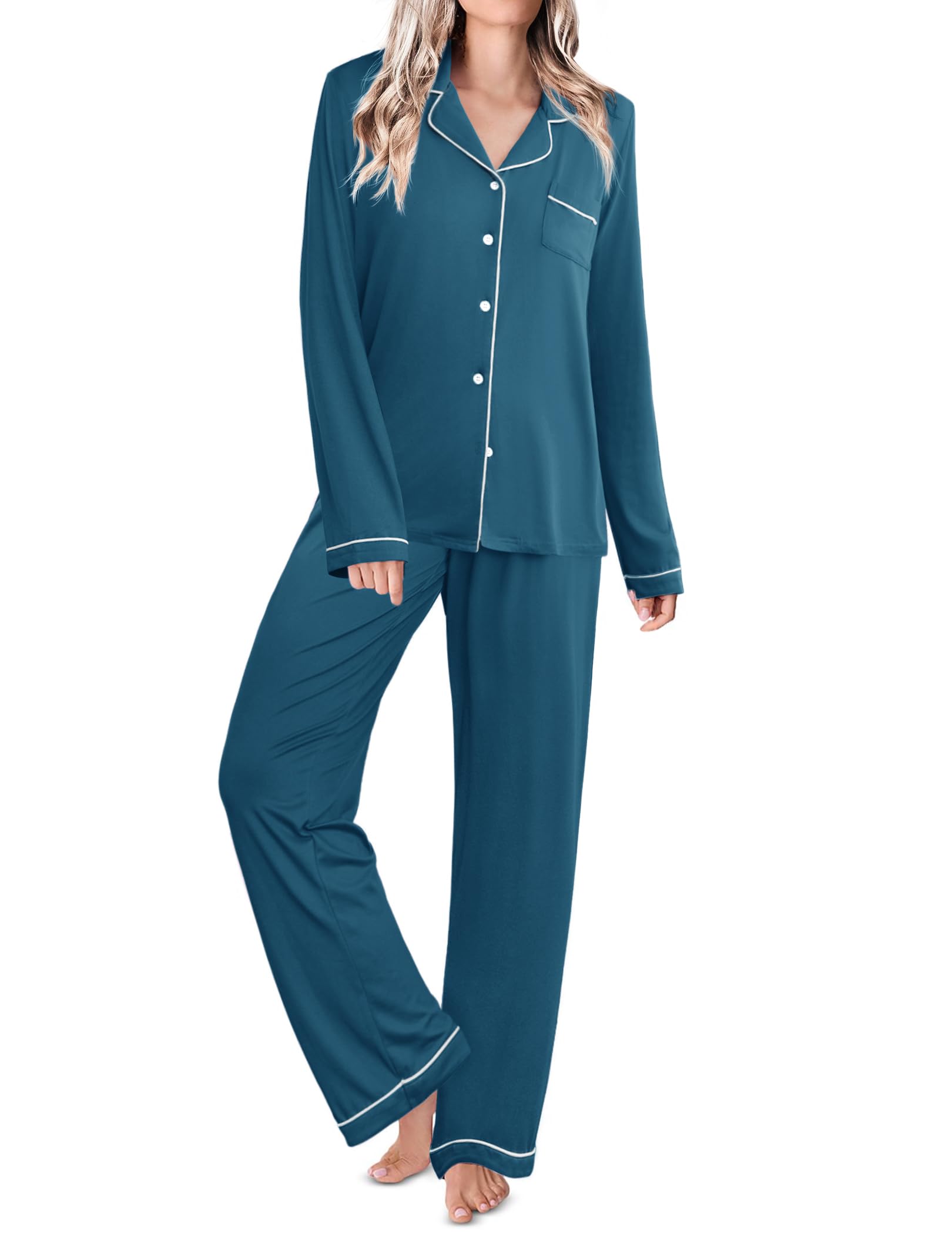 Ekouaer Womens Pajamas Set Classic Sleepwear Long Sleeve Button Up Pjs Sets