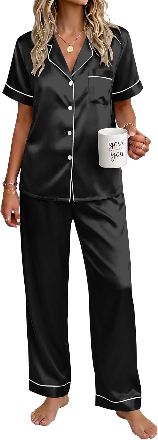 Ekouaer Womens Satin Pajama Set Silky Short Sleeve Button Down Pj Set