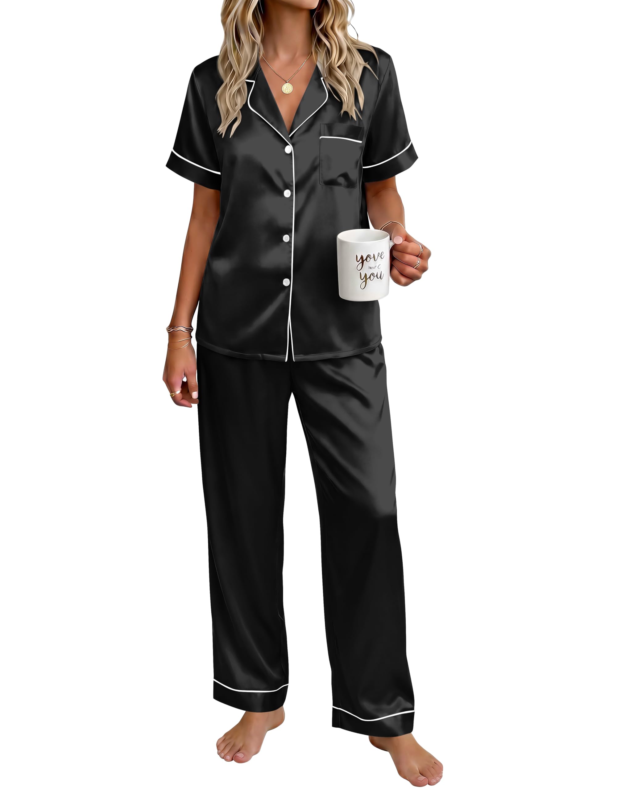 Ekouaer Womens Satin Pajama Set Silky Short Sleeve Button Down Pj Set