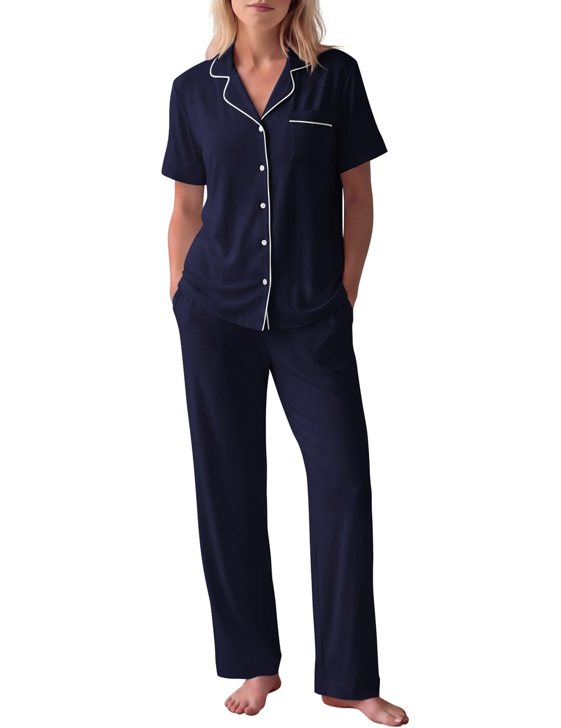 HNG Women Pajamas Set 2 Piece Button Up Pajamas Pant and Short Sleeve Shirt for Woman Pj Sets with Pocket
