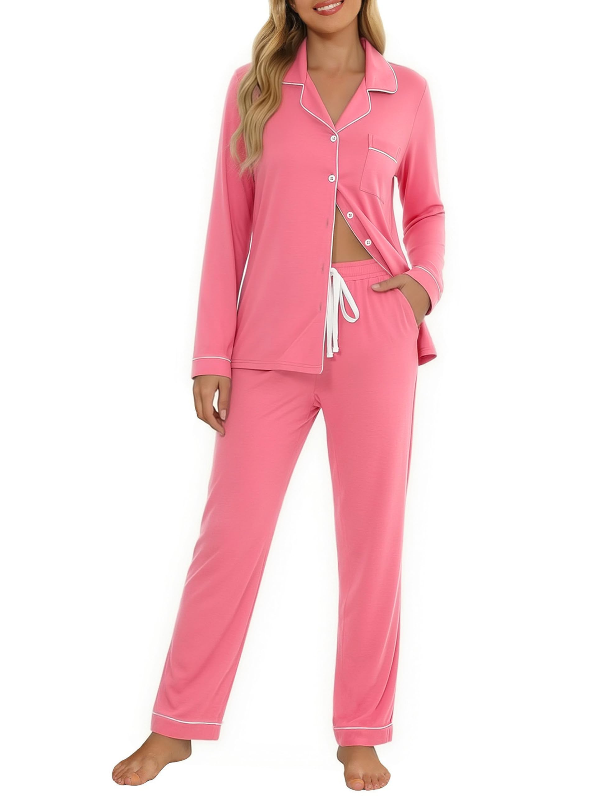 Senert Pajamas Set For Women Long Sleeve Sleepwear with Pocket Soft Button Down Shirt Long Pants Pj Lounge Sets S-XXL