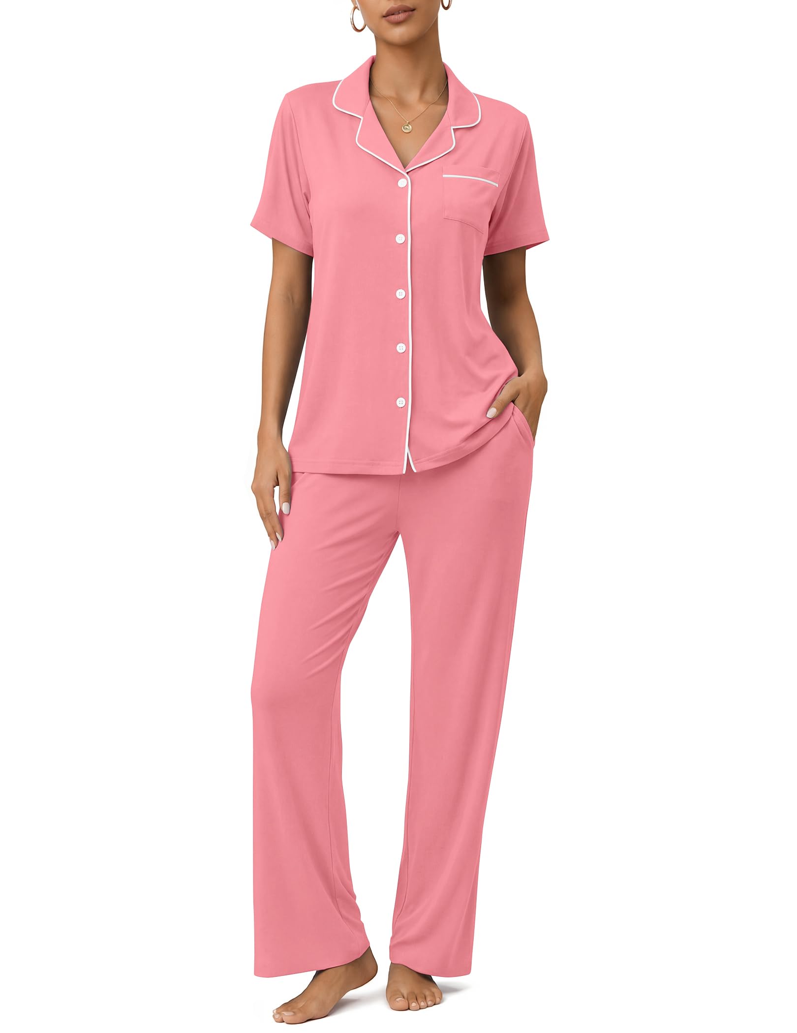 Womens Pajamas Sets 2 Piece Button Up Pj Sets Short Sleeve with Long Pant