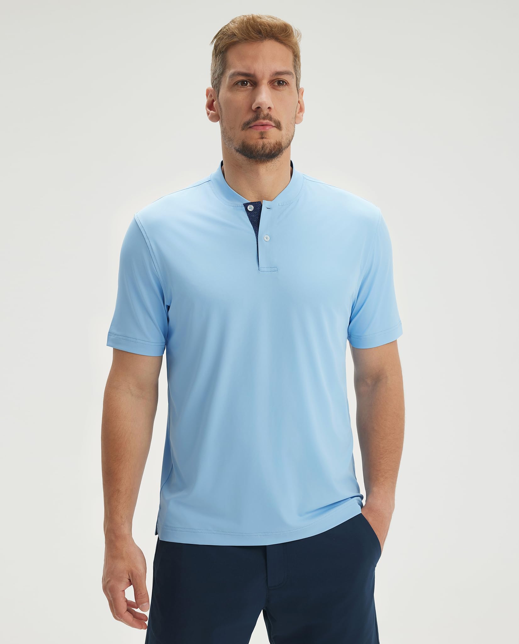 M MAELREG Mens Golf Shirts Collarless Performance Dry Fit Moisture Wicking Casual Solid Short Sleeve Henley Shirts for Men