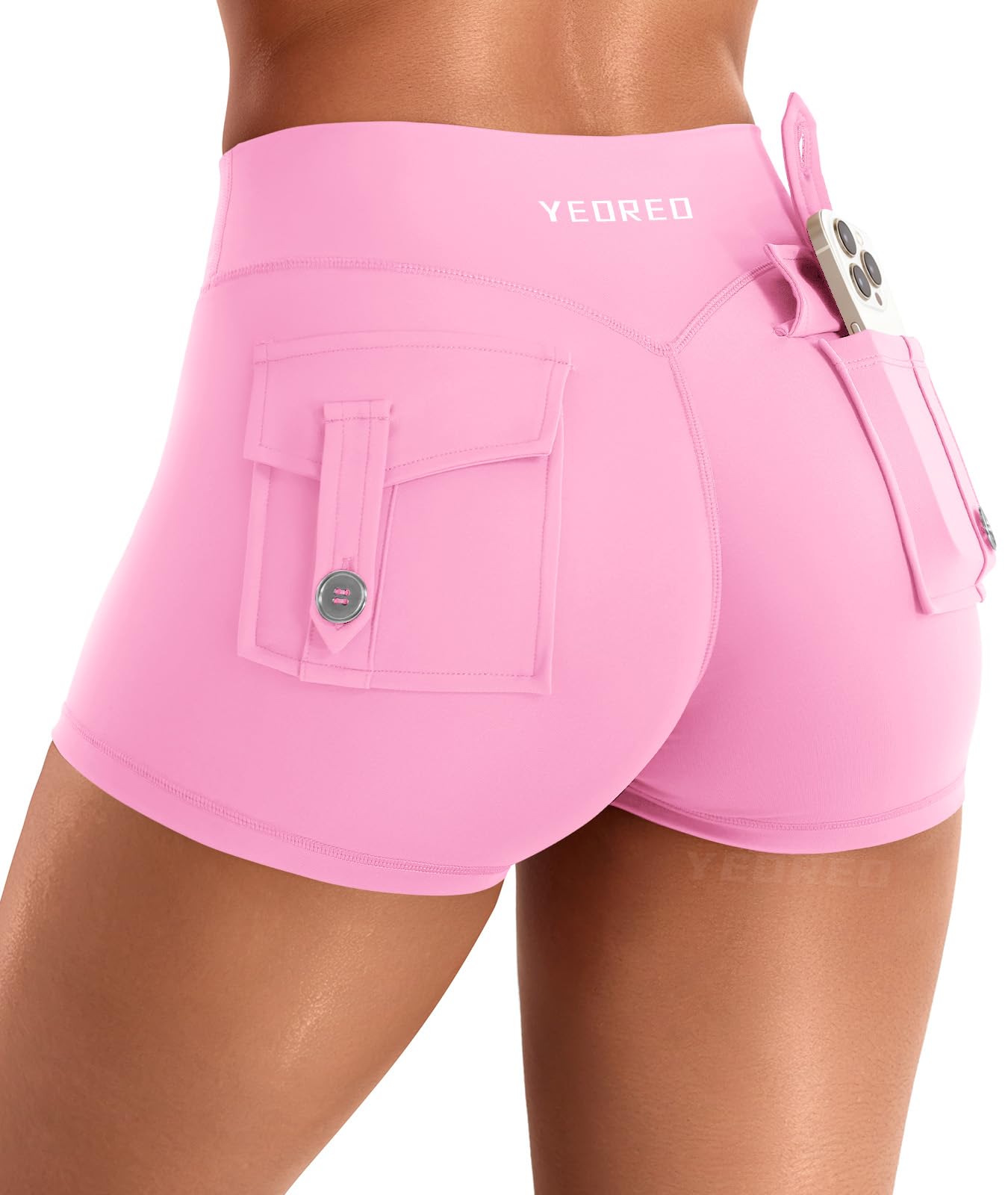 YEOREO CoreFlex Women Workout Shorts Low Rise Hidden Scrunch Butt Lifting Cargo Pockets 2.5" Shorts