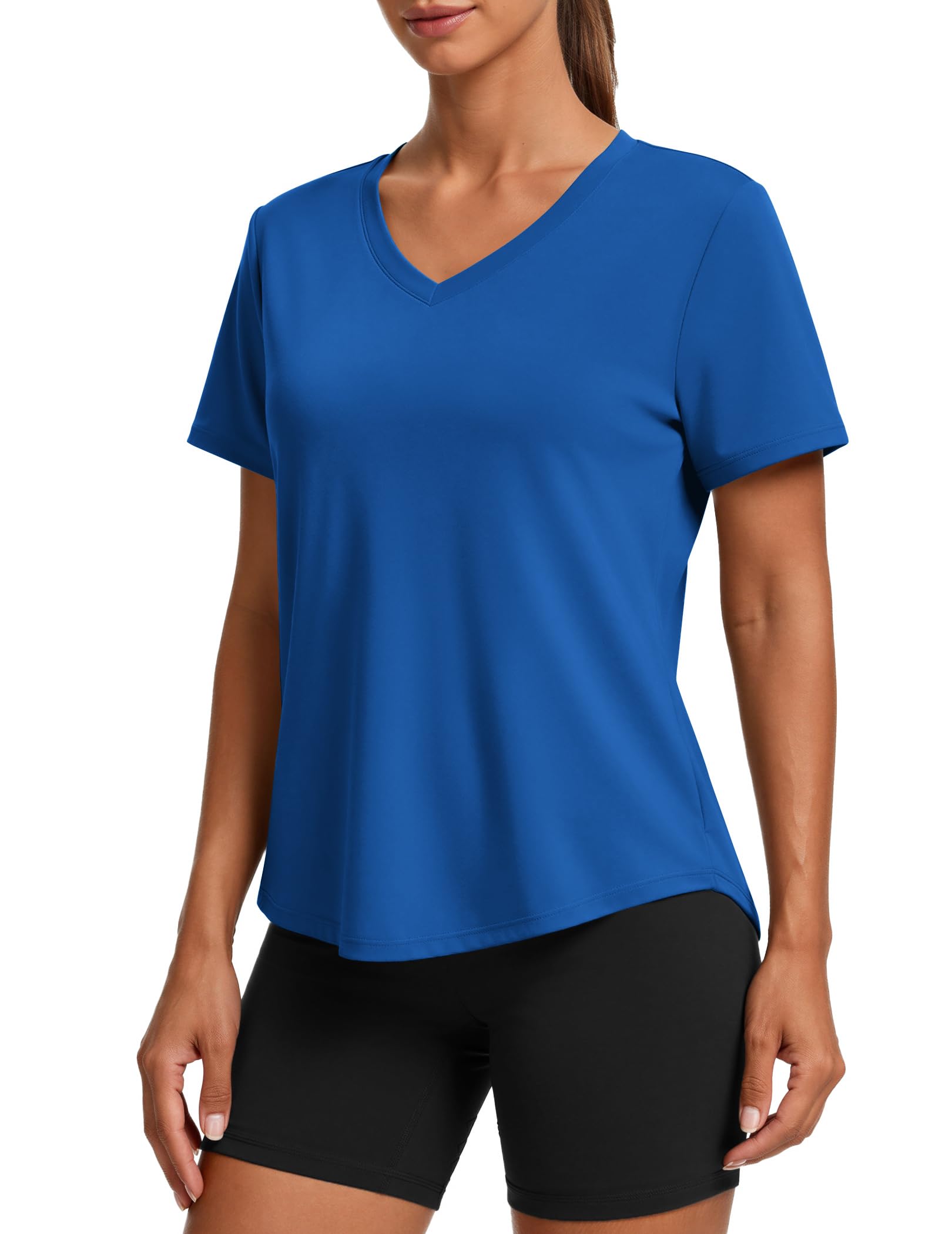 PINSPARK Soft Workout Tops for Women Short Sleeve V Neck Moisture Wicking UPF 50+ Sun Protection Quick Dry Gym Shirts