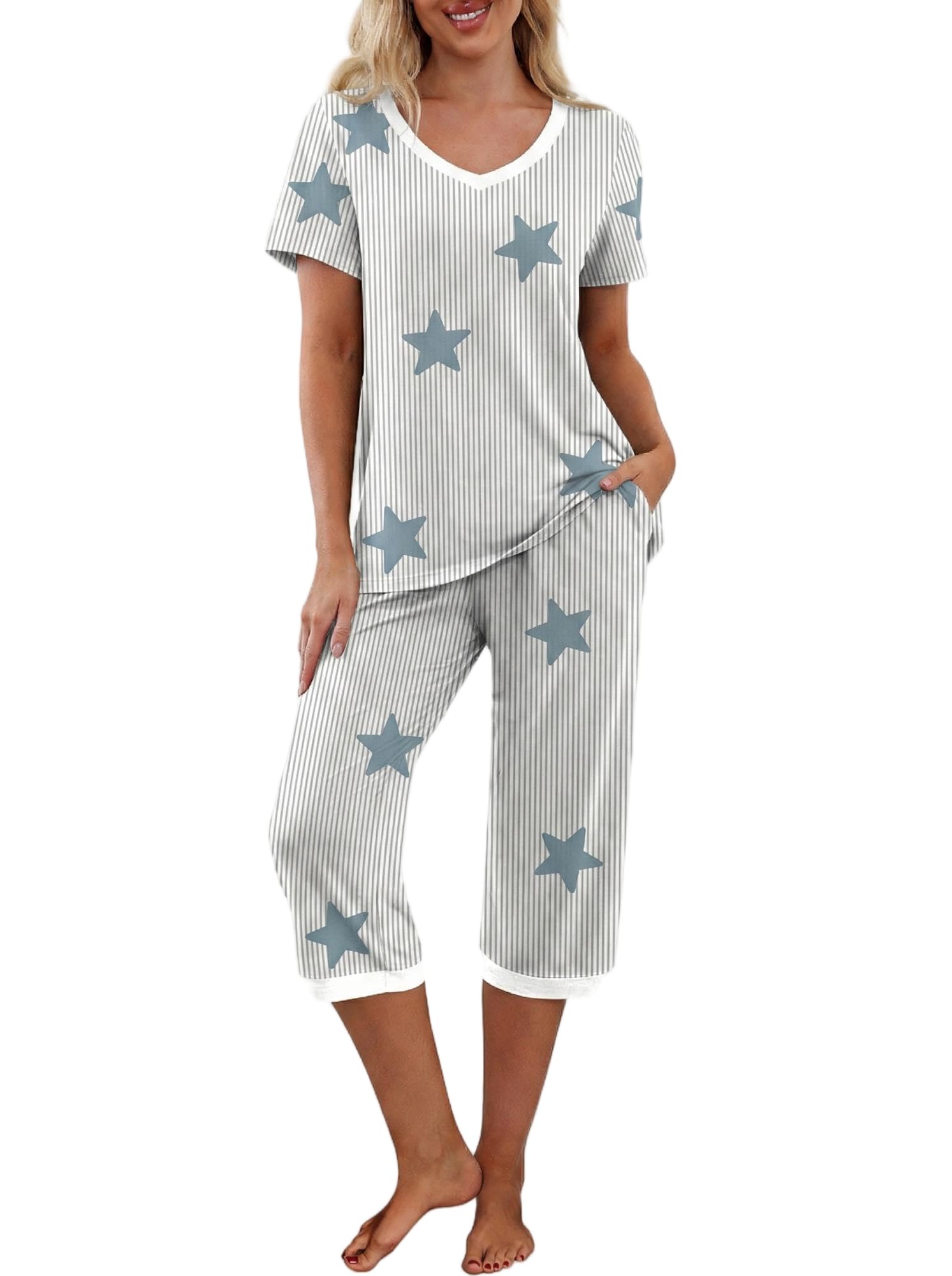 PrinStory Womens Pajama Sets Capri Pjs Soft Lounge Sets S-4XL