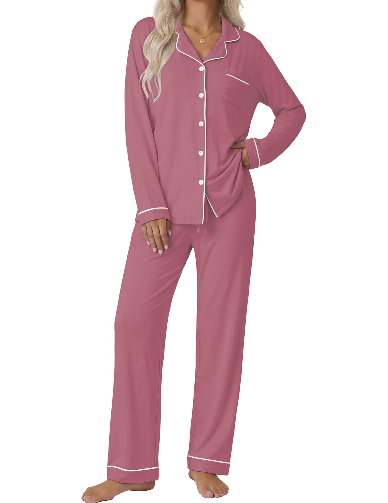 Ekouaer Women's Classic Long Sleeve Button Down Pajama Set