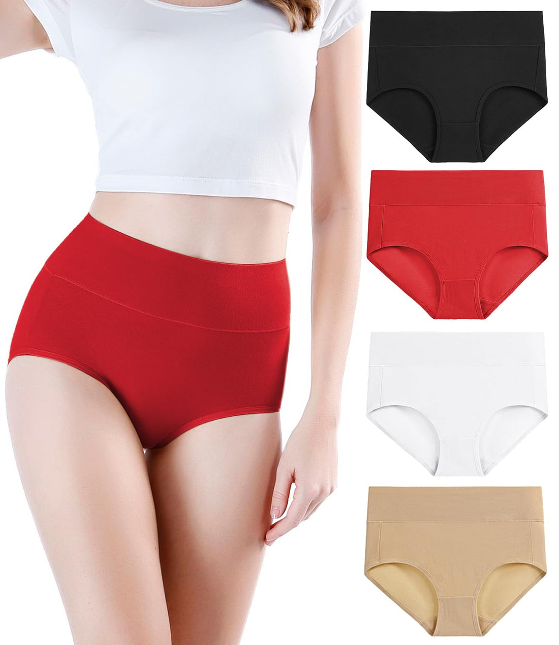 wirarpa Women's Cotton Underwear High Waisted Ladies Panties Full Coverage Briefs 4 Pack (Regular & Plus Size)