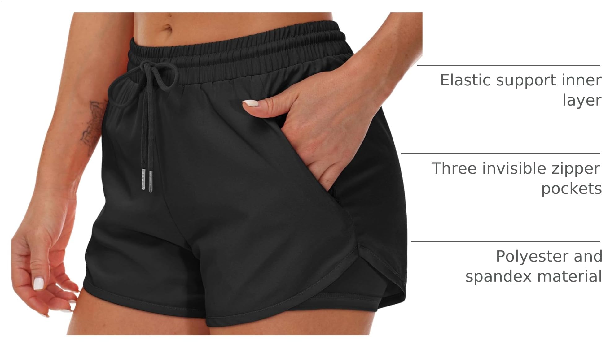 Mancreda Women's Running Shorts with Liner 3 Zipper Pockets Elastic Workout Athletic Gym Yoga Shorts