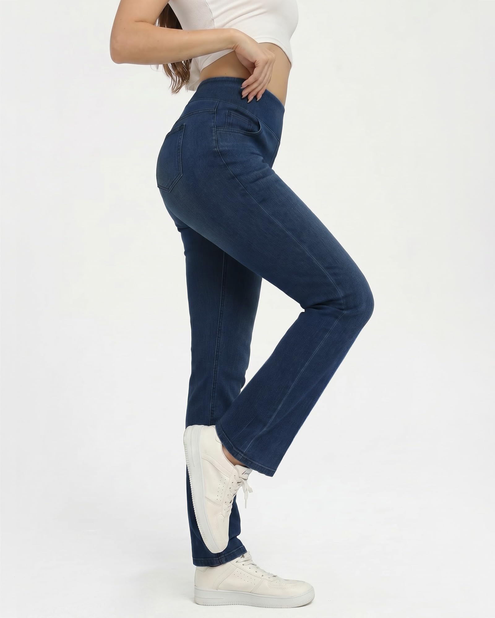 Pull on Straight Leg Jeans for Women Stretchy Sweatpant Jeans Elastic High Waist Tummy Control Trendy Denim Pants