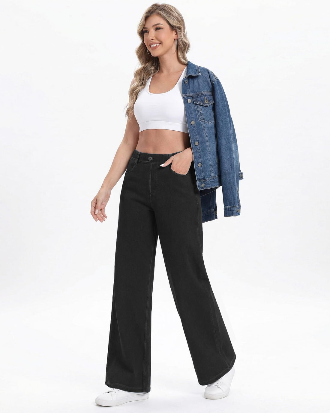 Pull On Jeans for Women Wide Leg High Waisted Stretch Baggy Jeans Casual Trendy Straight Denim Pants (with Plus Size)