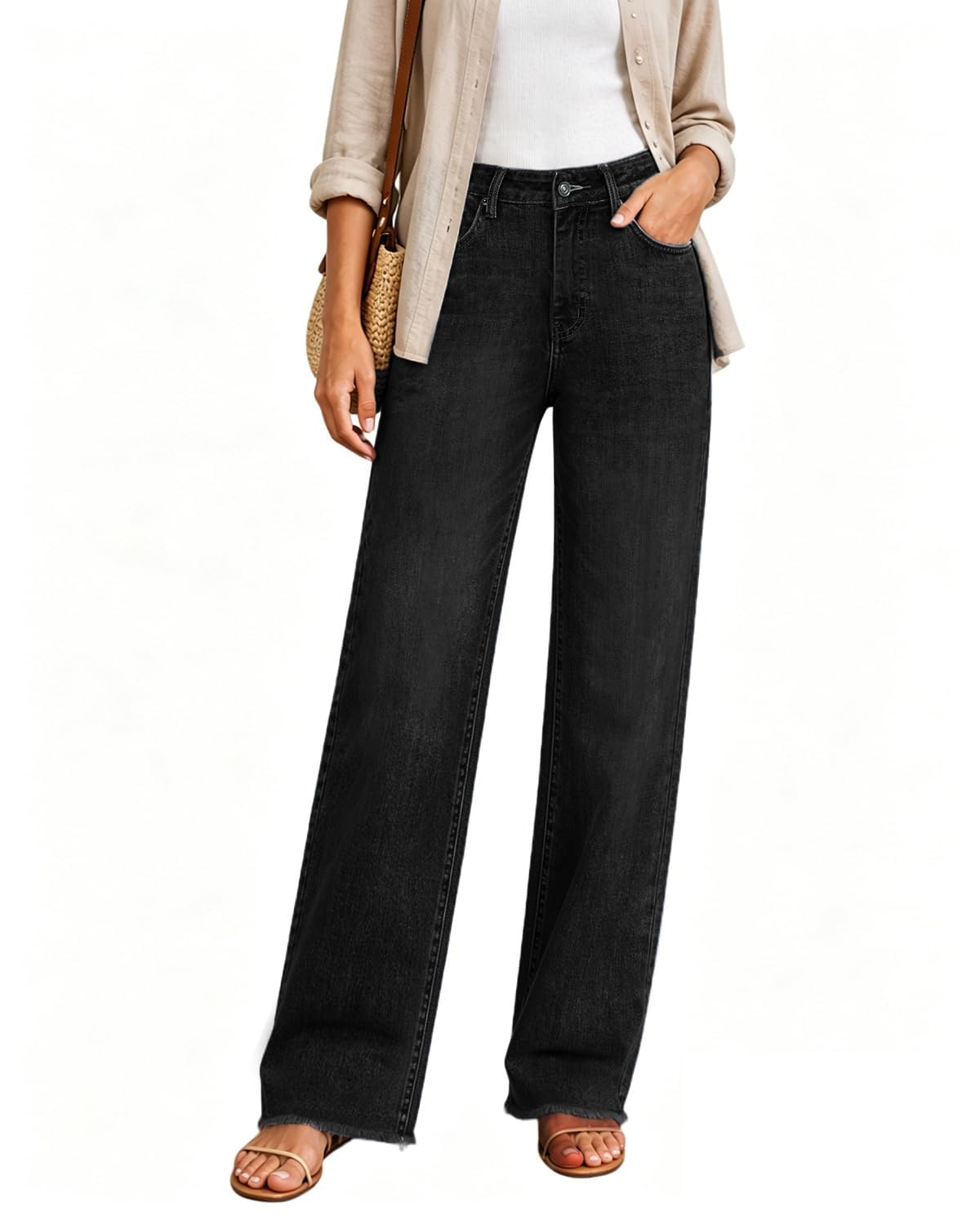 Womens High Waisted Jeans Stretchy Straight Leg Loose Fit Tummy Control Raw Hem Denim Pants Trendy Fashion