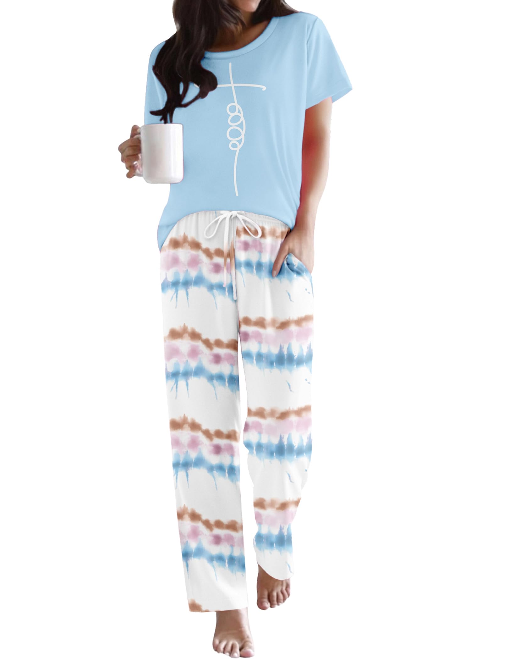 Ekouaer Womens Pajamas Sets Round Neck Pjs Loose Lounge Sets Sleepwear
