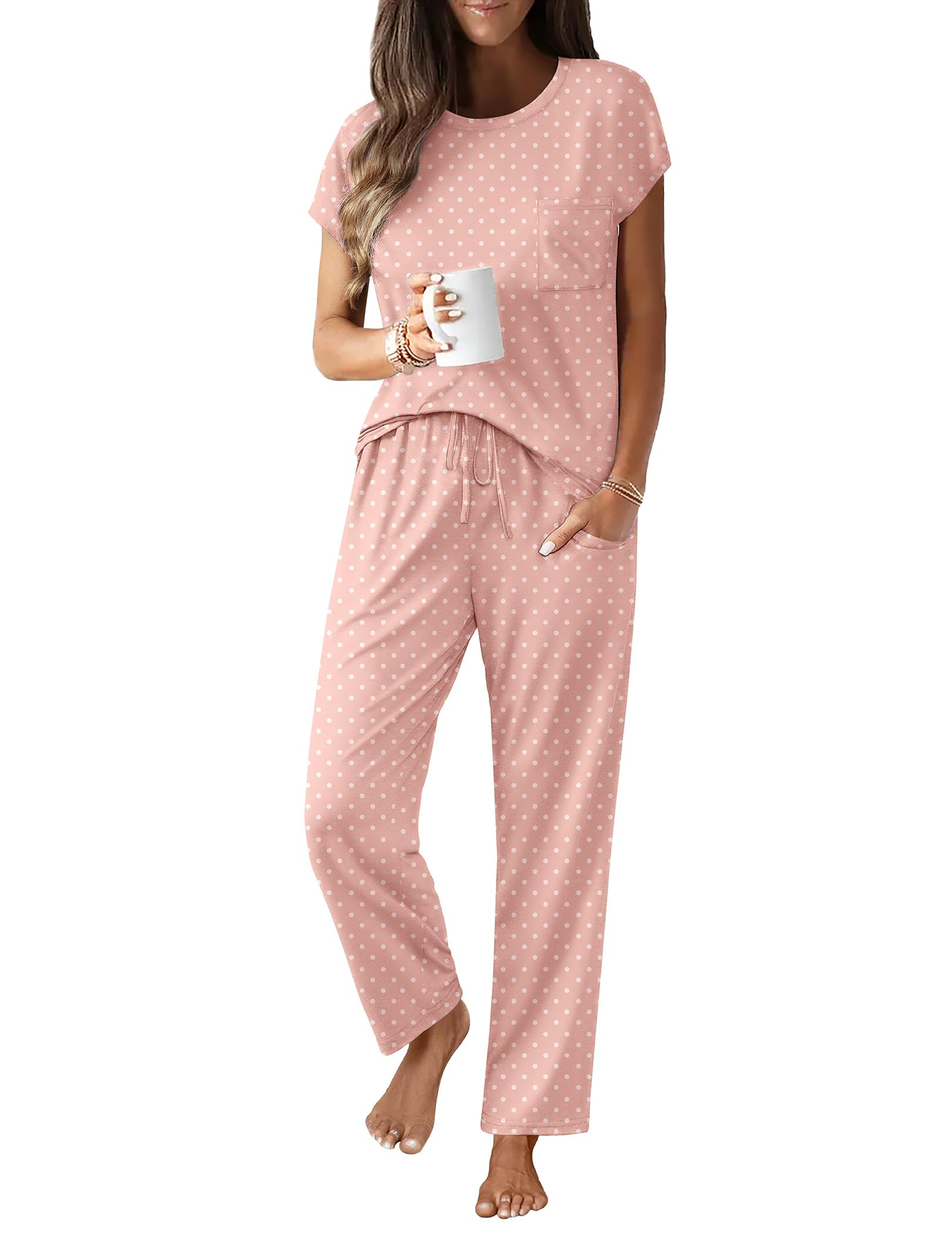 Ekouaer Womens Pajama Sets 2 Pcs Short Sleeve Lounge Set with Pockets