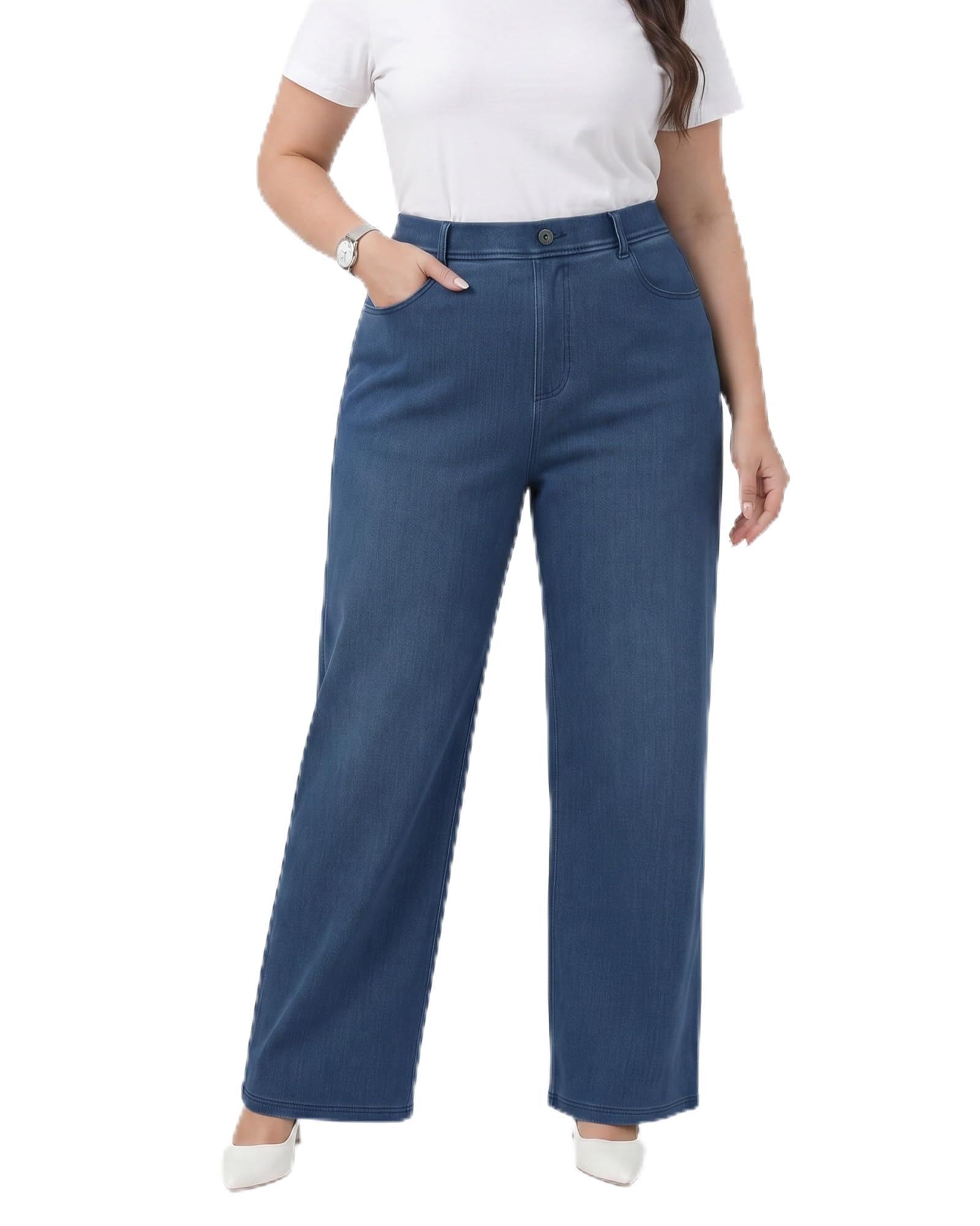 Pull On Jeans for Women Wide Leg High Waisted Stretch Baggy Jeans Casual Trendy Straight Denim Pants (with Plus Size)