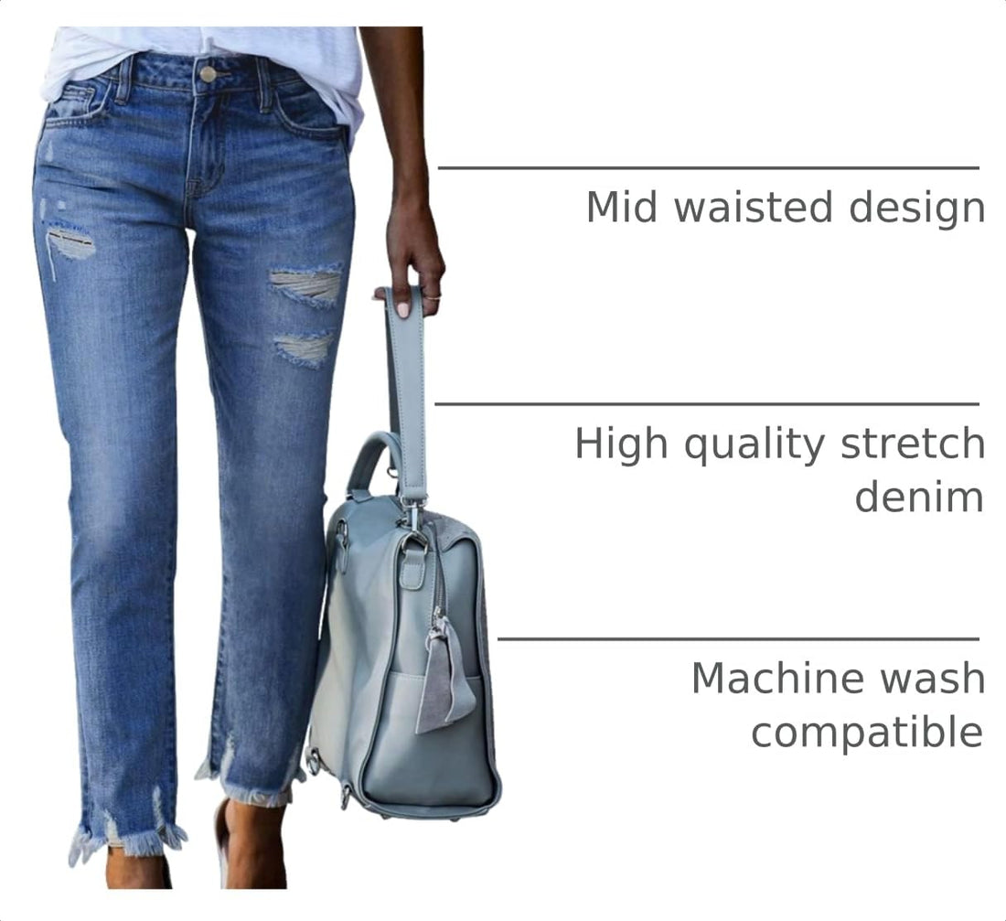 EVALESS Women's High Waisted Tummy Control Straight Ankle Ripped Jeans
