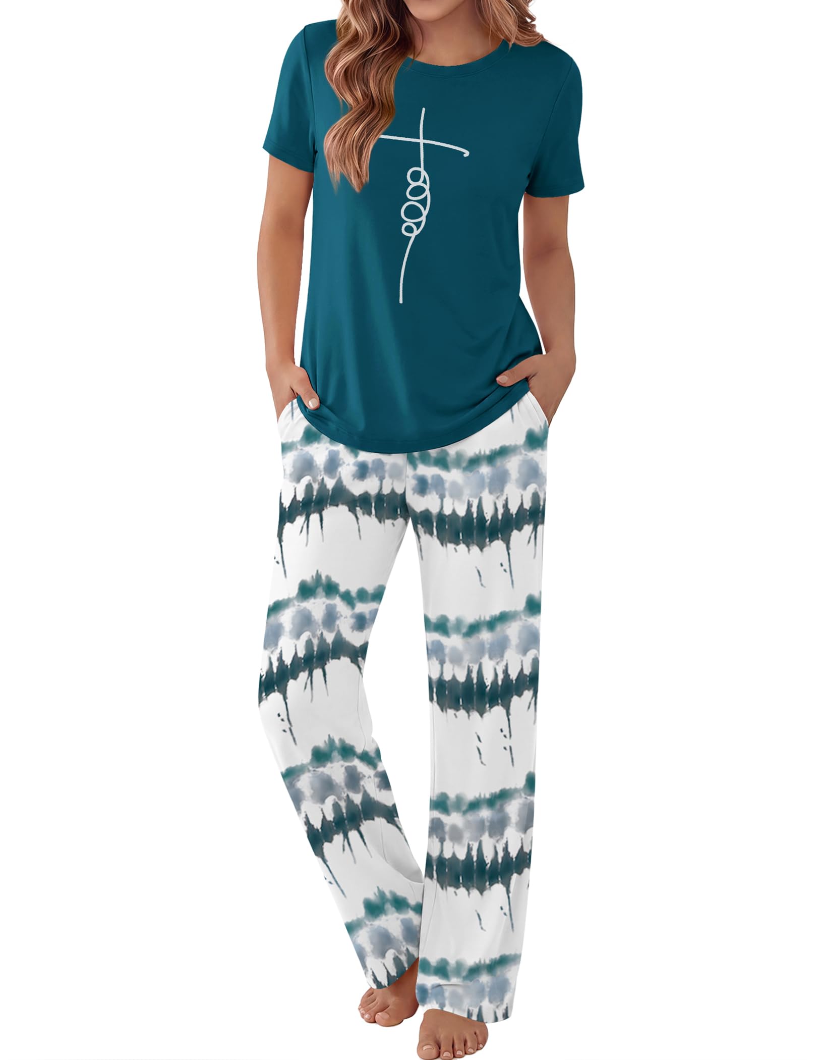 Ekouaer Pajama Set for Women 2 Piece Pjs Short Sleeve Top and Printed Pants