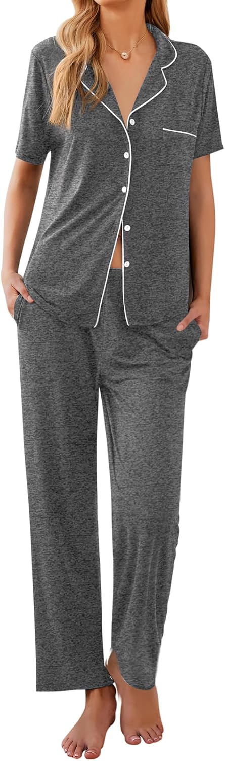 Ekouaer Womens Pajamas Set Short Sleeve Button Down Top & Pants Lounge Pjs