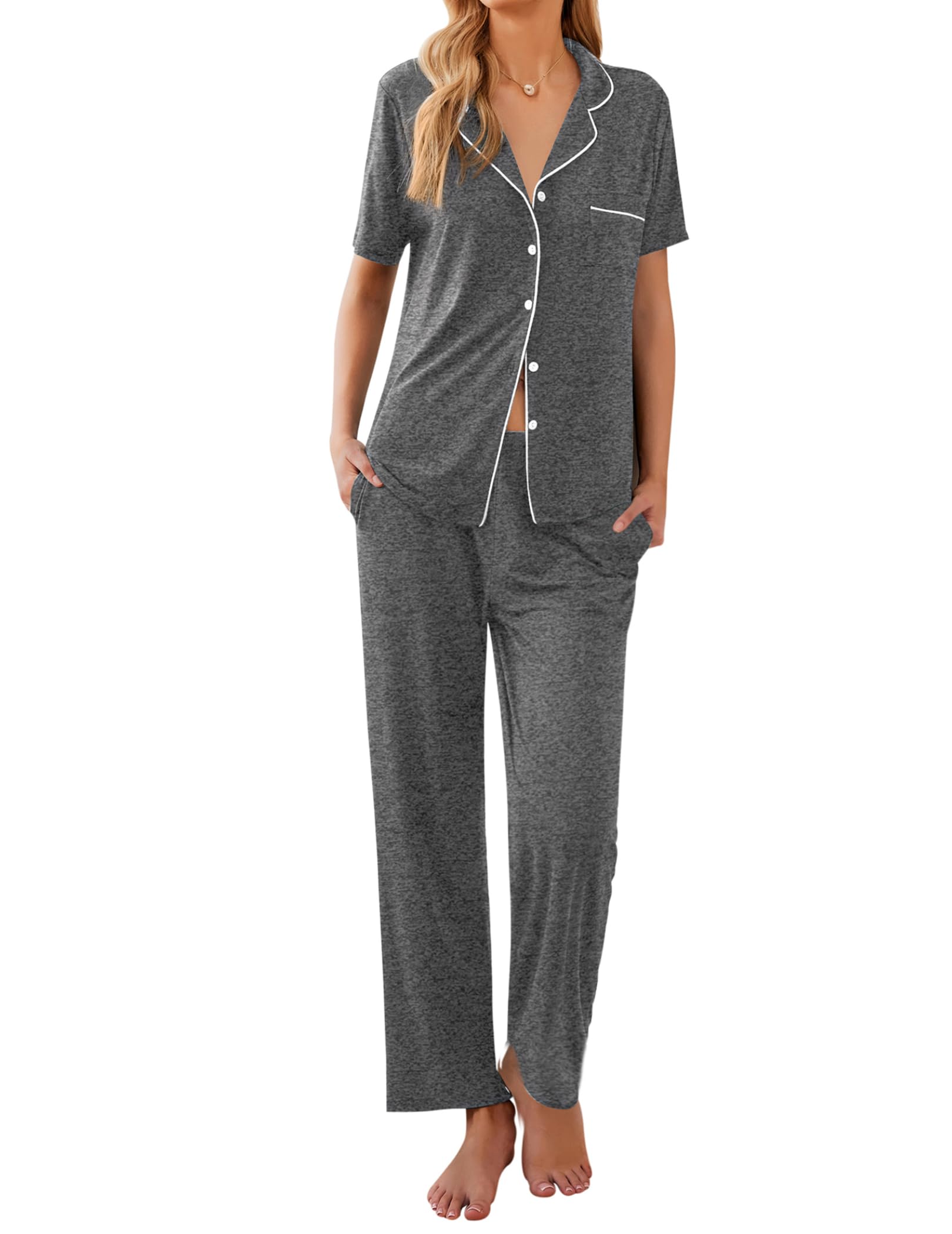 Ekouaer Womens Pajamas Set Short Sleeve Button Down Top & Pants Lounge Pjs