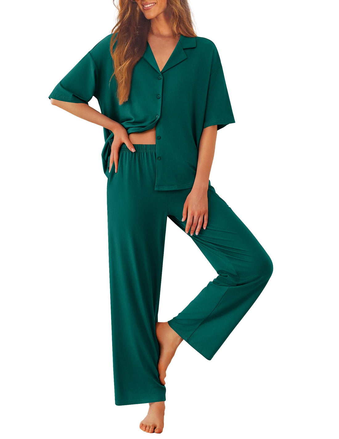 Ekouaer Women Pajamas Set Button Down Sleepwear Short Sleeve Pjs Long Pants
