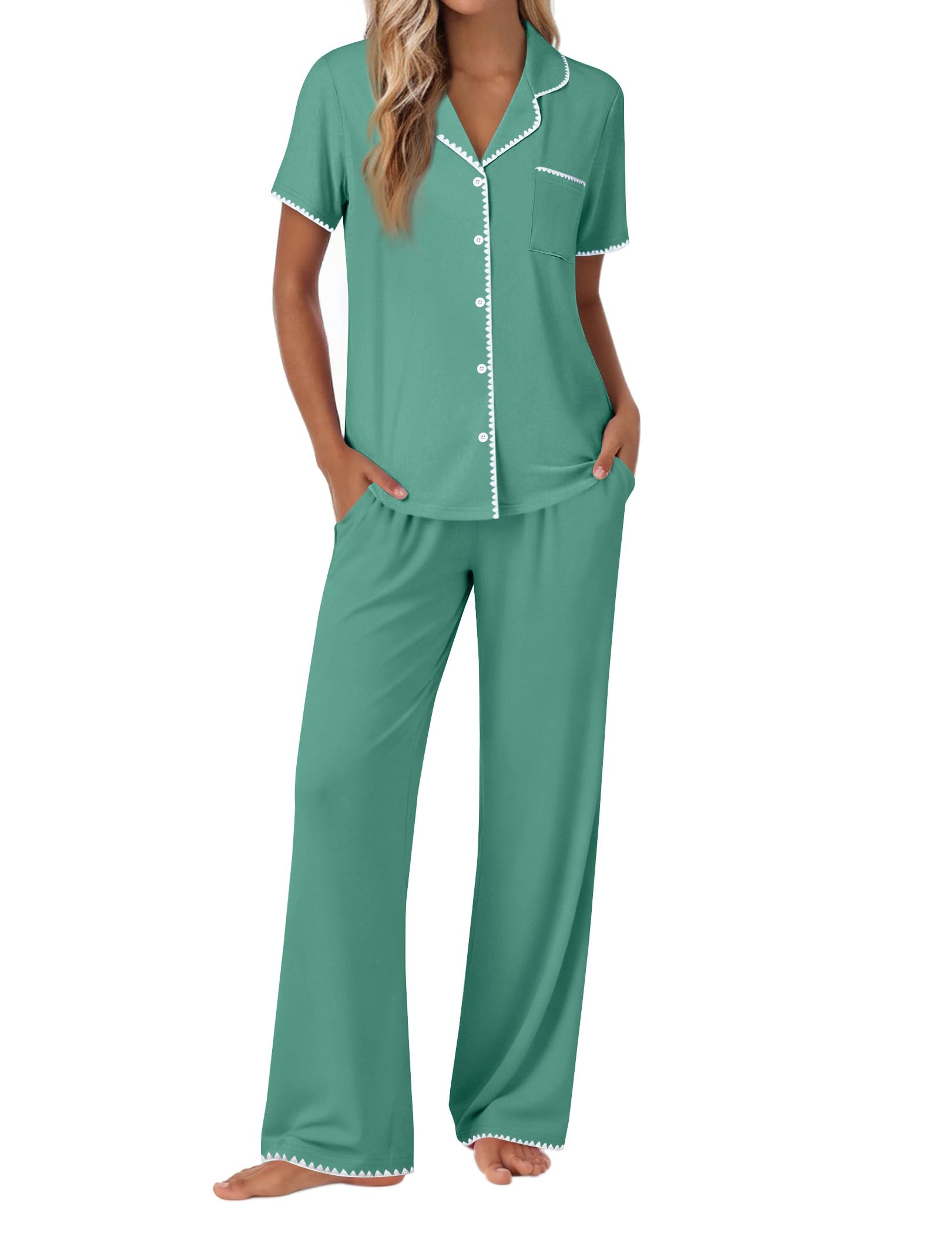 Ekouaer Pajamas for Women Set Button Up Soft Pjs Short Sleeve Lounge Sets