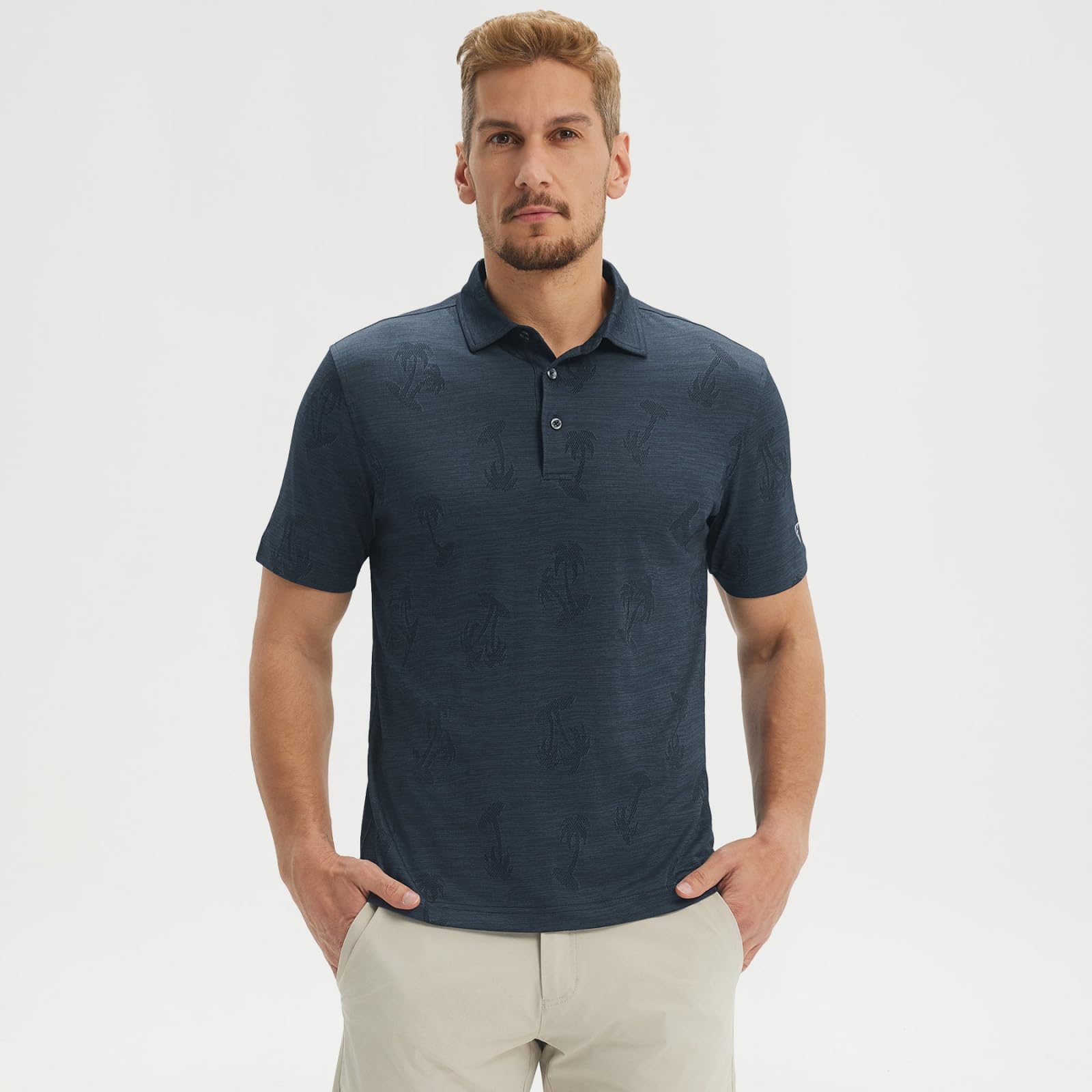M MAELREG Short Sleeve Golf Shirts for Men Moisture Wicking Performance Lightweight Jacquard 3 Button Polo Shirts for Men