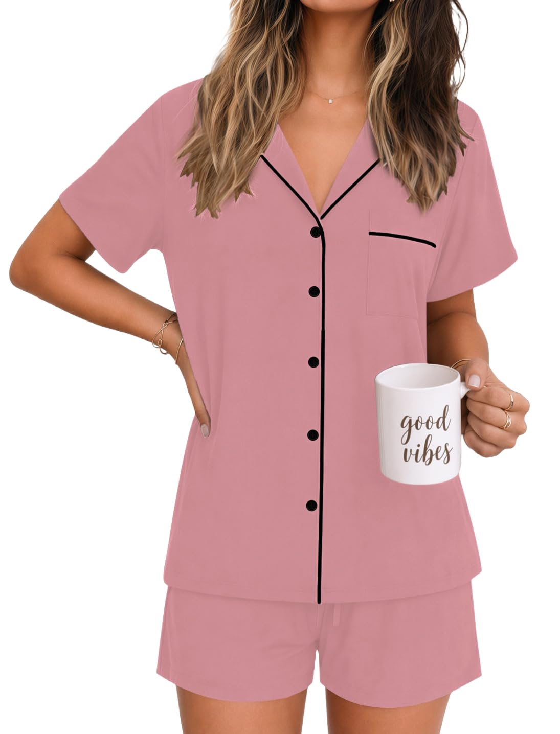 Ekouaer Womens Pajamas Set Soft Classic Notch Collar Bride Pjs Comfy Short Sleeve Sleepwear Loungewear