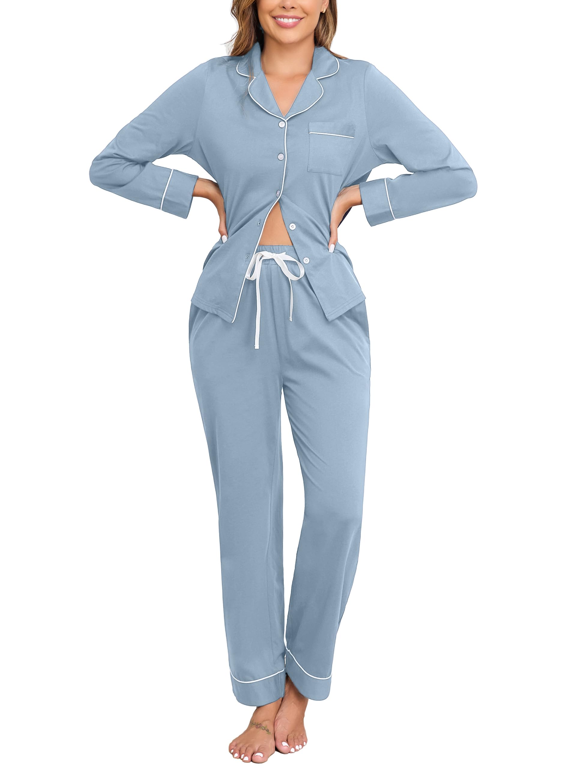 Veseacky 100% Cotton Women's Pajama Set Long Sleeve Button Down Sleepwear Soft Pjs Lounge Sets Nightwear Pjs XS-XXL