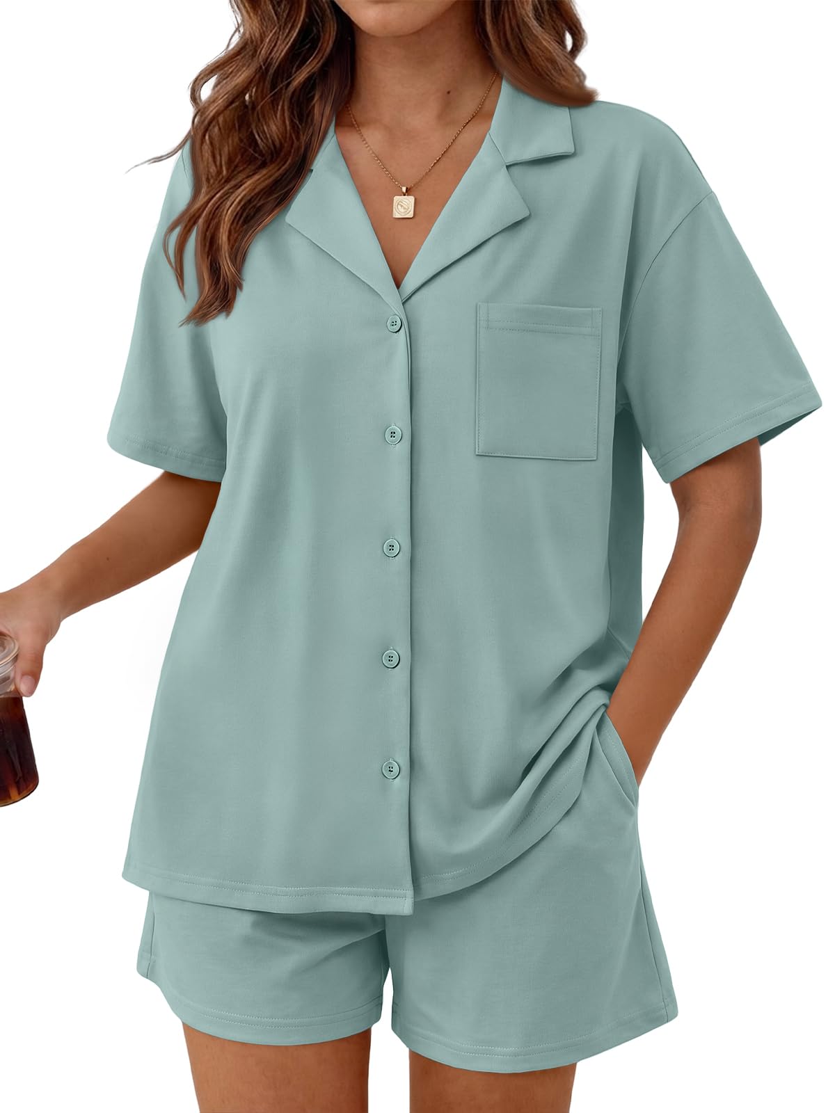 Trendy Queen Pajamas Set for Women 2 Piece Short Sleeve Sleepwear Button Down Pjs Matching Lounge Sets with Pockets