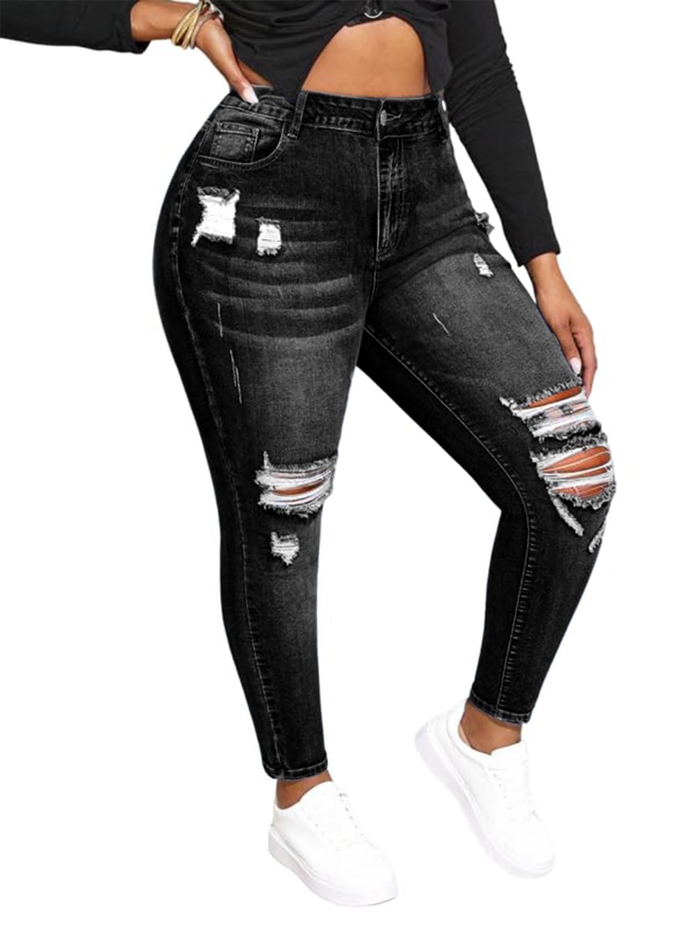 ALLABREVE Womens Plus Size Skinny Jeans Stretchy High Waisted Ankle Jean Ripped Slim Fit Washed Denim Distressed Tight Jean