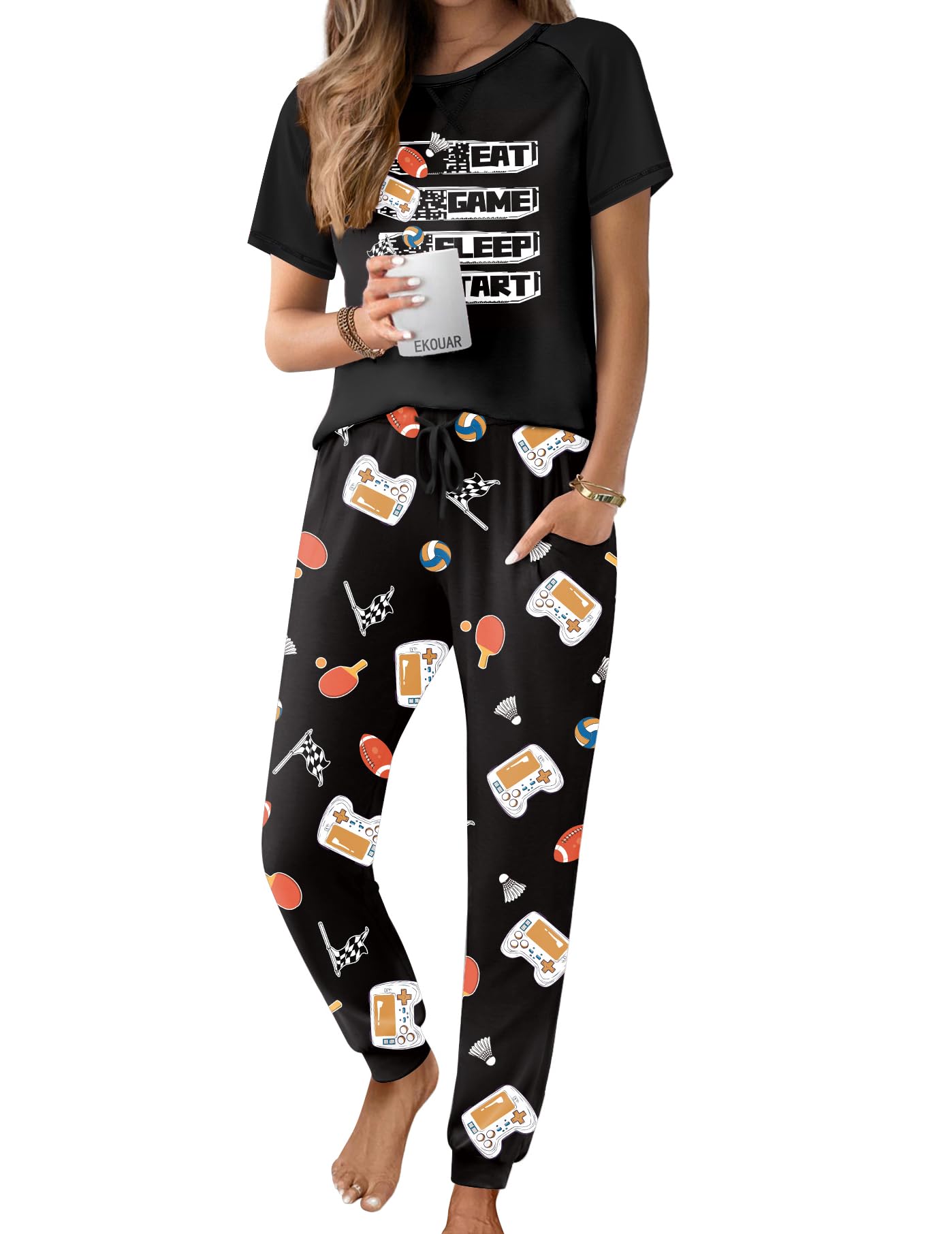 Ekouaer Pajamas for Women Set Short Sleeve PJ Set 2 Piece Jogger Pants