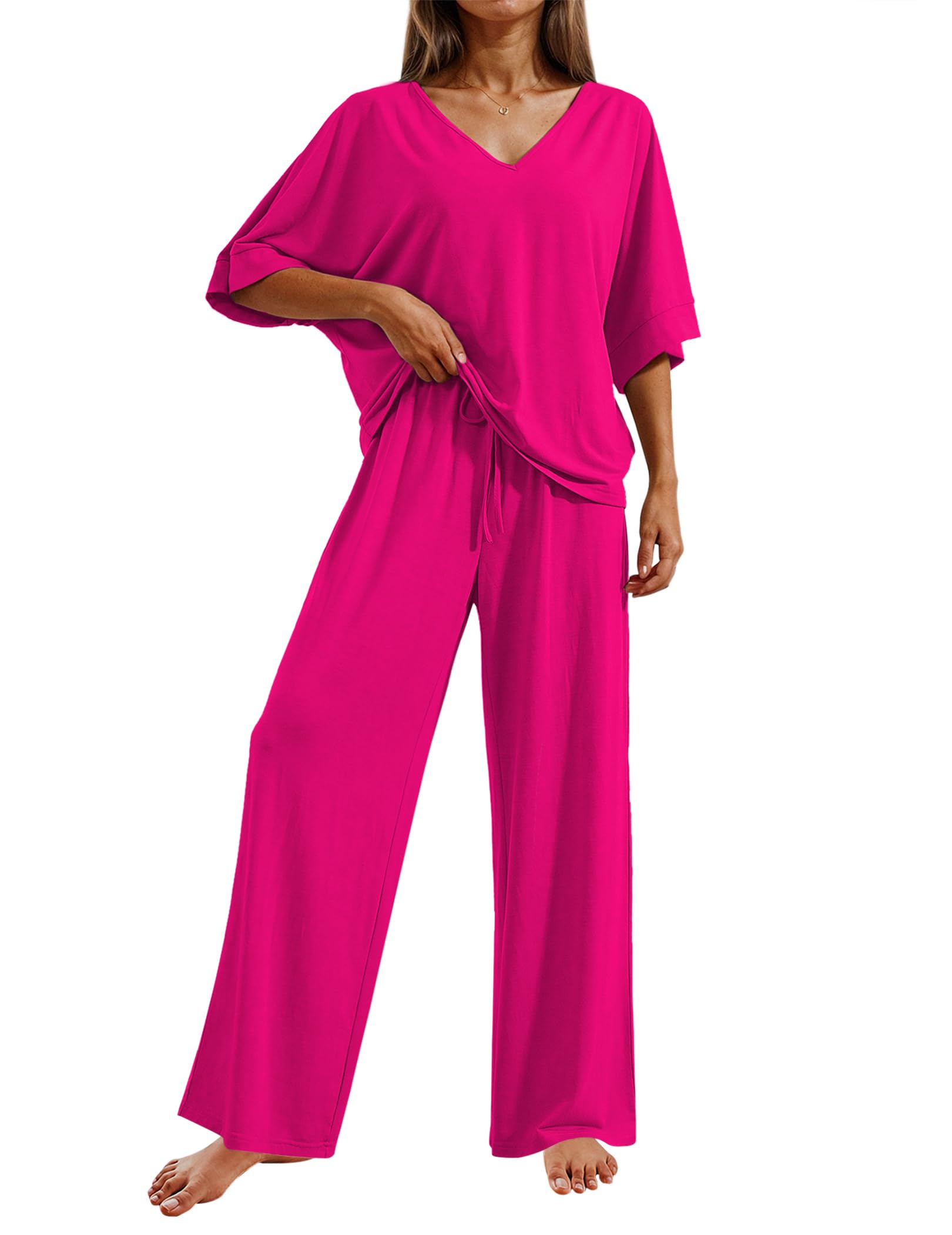 Ekouaer Pajama Sets Womens 2 Piece Short Sleeve Long Pants Pjs Lounge Set