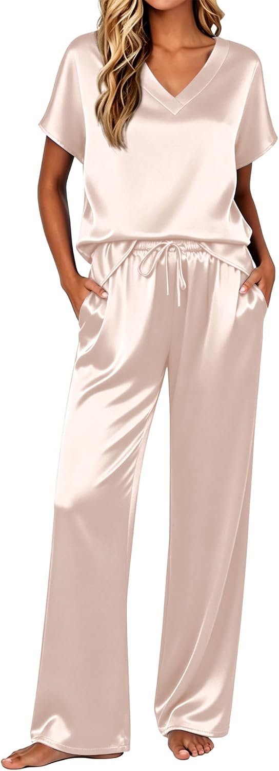 Ekouaer Womens Silk Pajamas Set 2 Piece Satin Pjs Cap Sleeve Loungewear