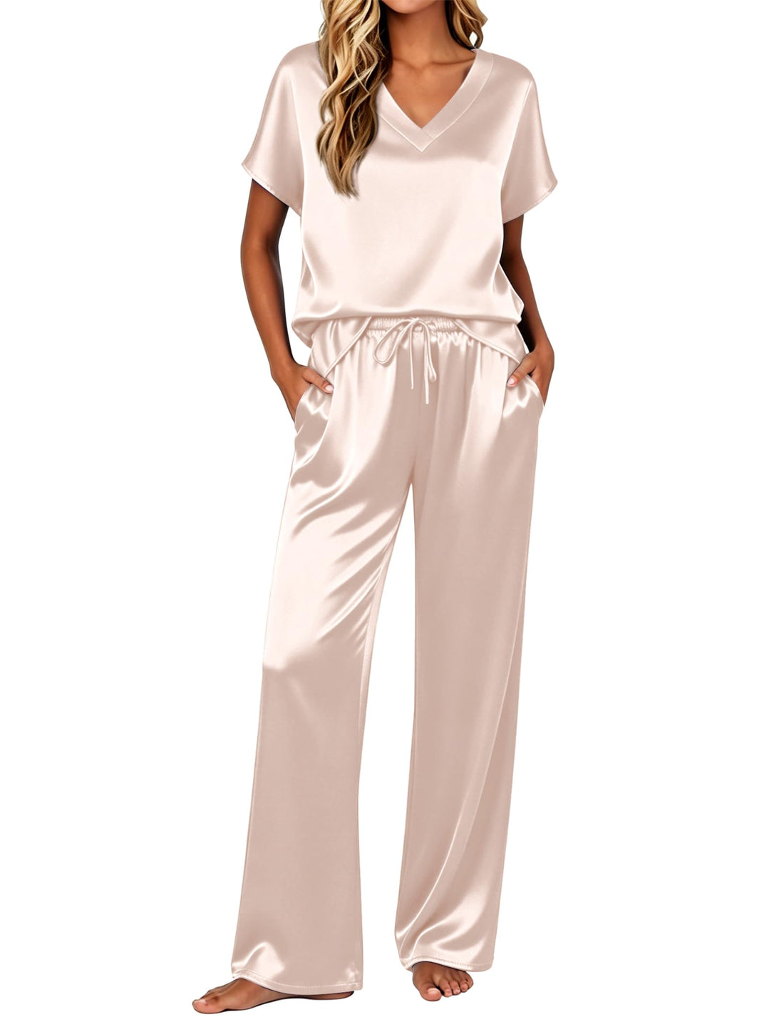 Ekouaer Womens Silk Pajamas Set 2 Piece Satin Pjs Cap Sleeve Loungewear