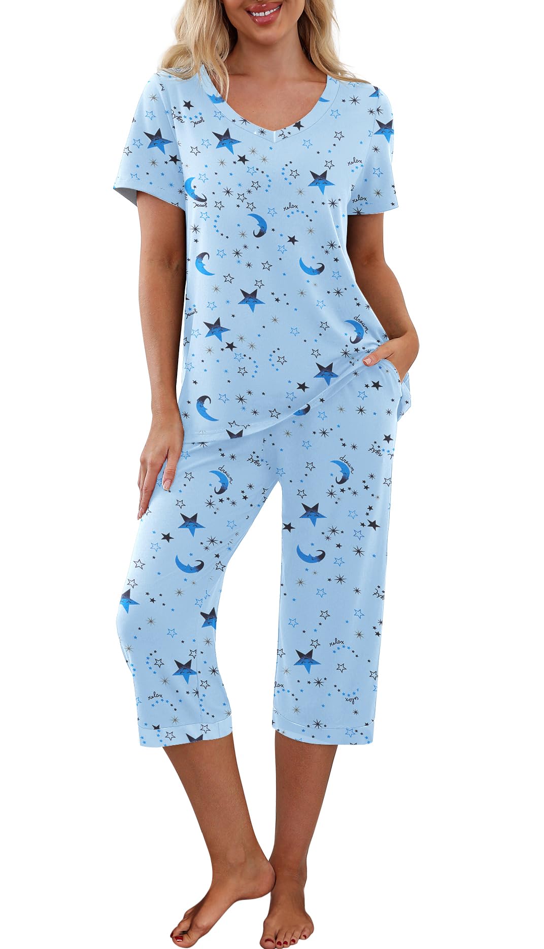 PrinStory Womens Pajama Sets Capri Pjs Soft Lounge Sets S-4XL
