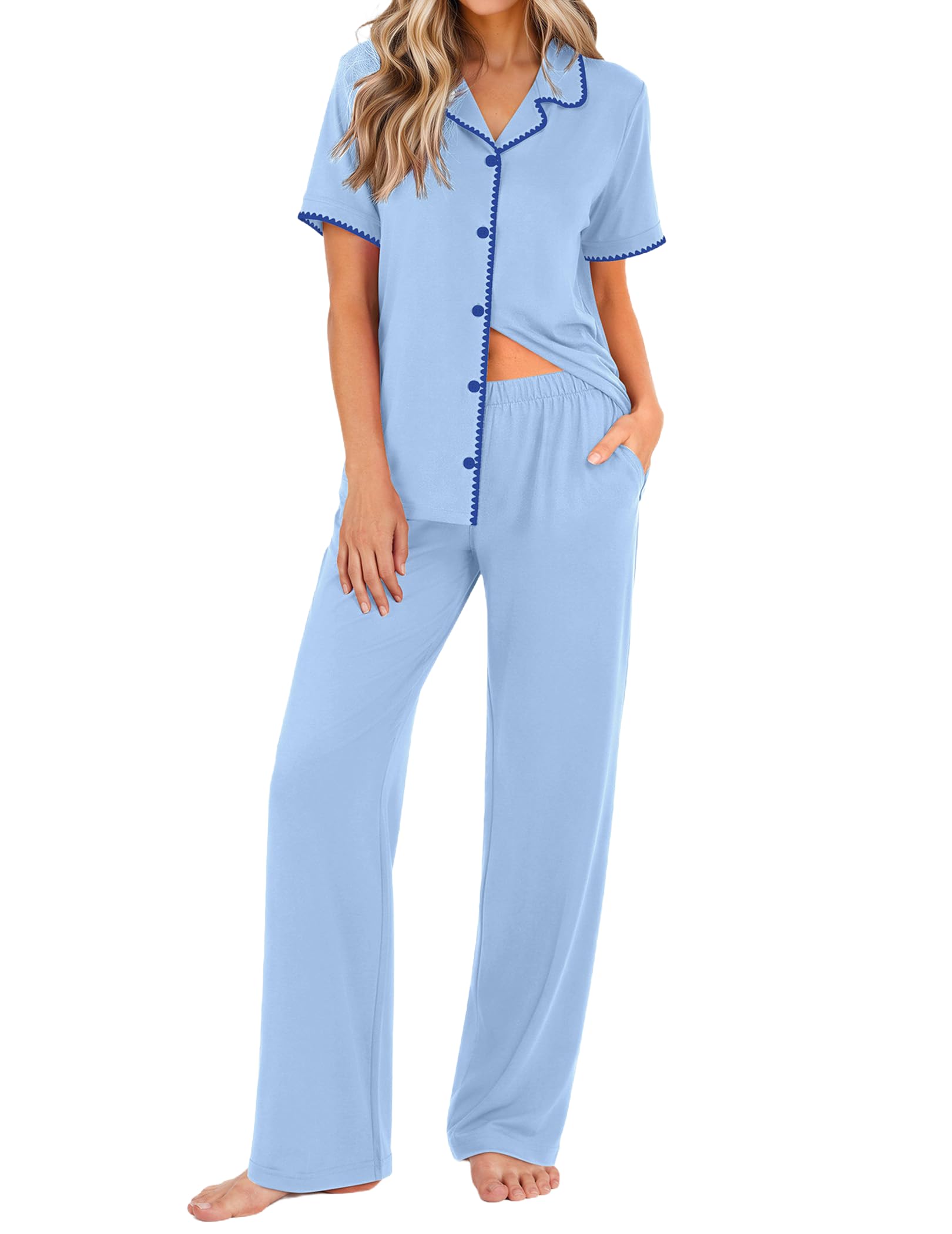 Ekouaer Womens Pajamas Set Button Down Loungewear Short Sleeve Pants Pjs