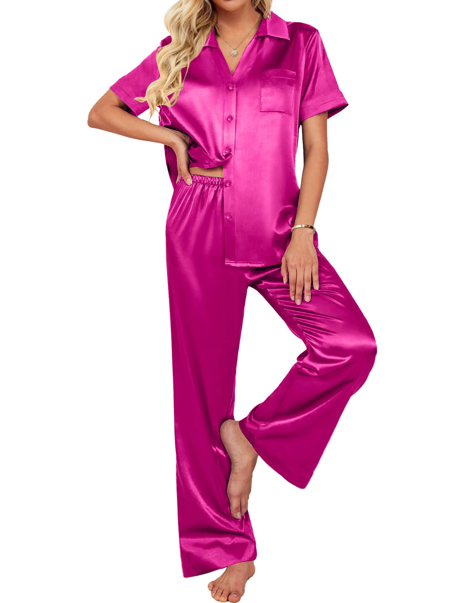 Ekouaer Silk Pajamas for Womens Set 2 Piece Fall Pjs Button Down Sleepwear