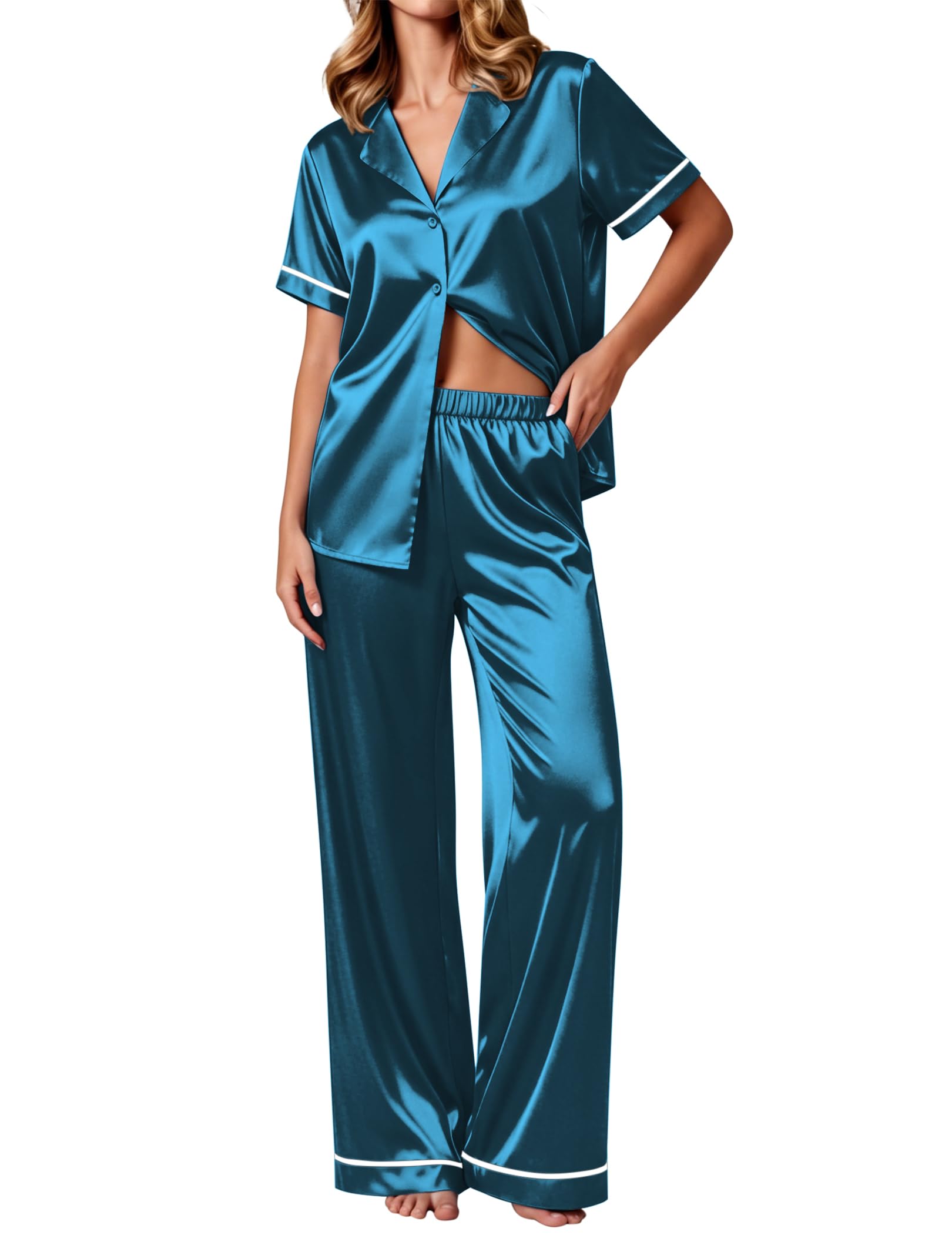 Ekouaer Women's Silk Pajamas Set Short Sleeve Pjs Button Down Lounge Set
