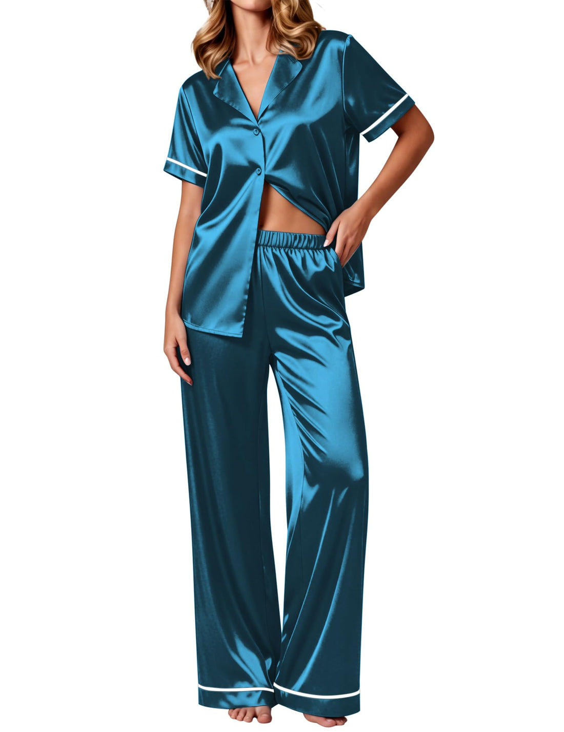Ekouaer Women's Silk Pajamas Set Short Sleeve Pjs Button Down Lounge Set