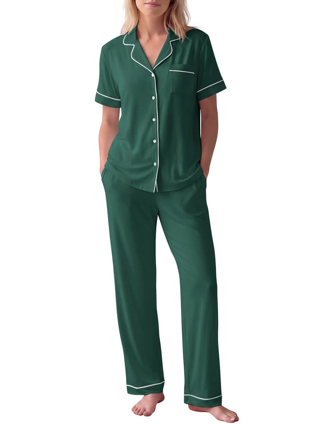 HNG Women Pajamas Set 2 Piece Button Up Pajamas Pant and Short Sleeve Shirt for Woman Pj Sets with Pocket