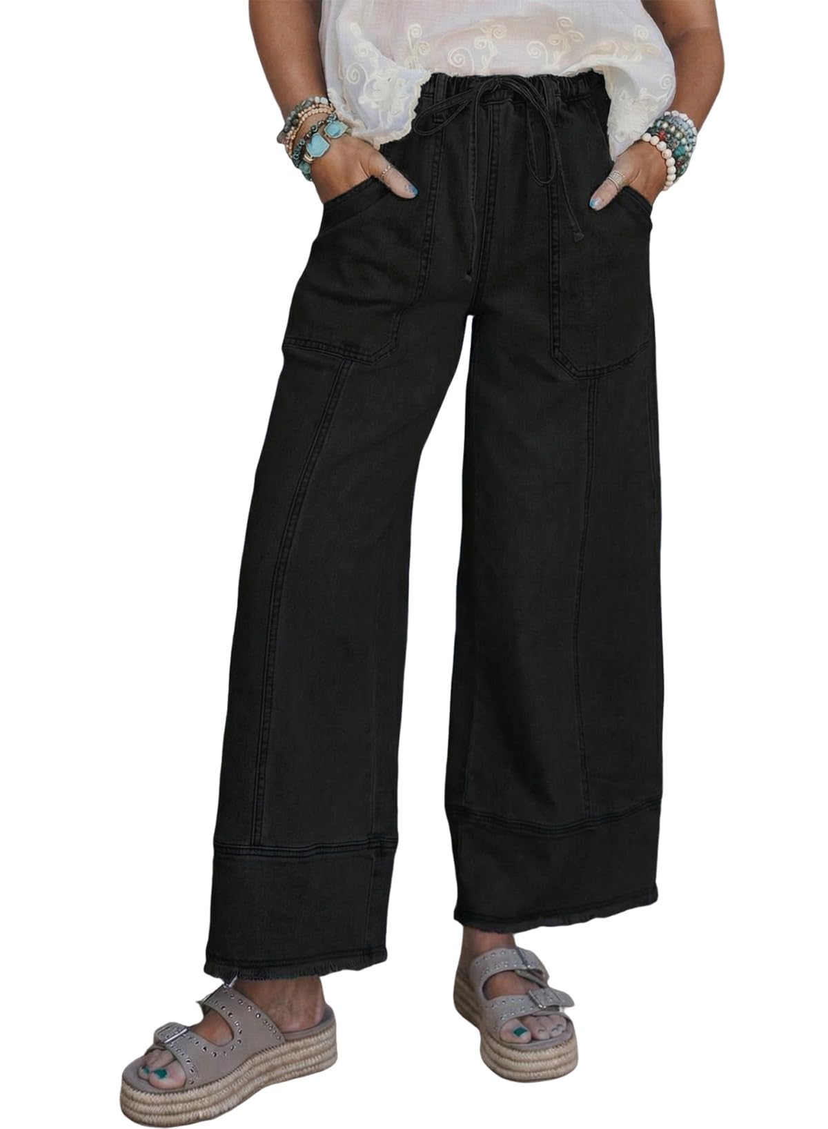 SHEWIN Women's Wide Leg Jeans High Waisted Baggy Jeans Stretchy Drawstring Denim Pants
