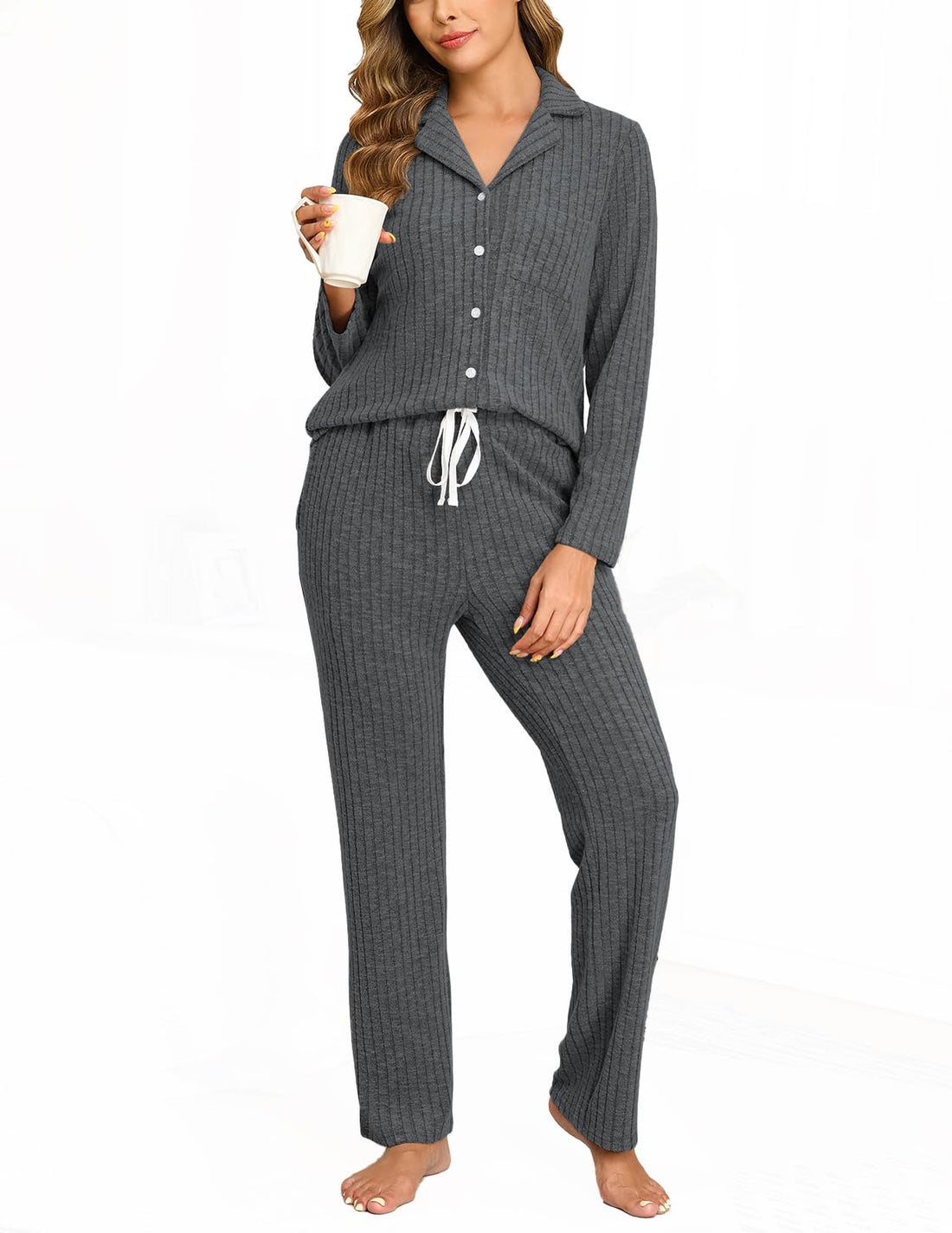 Veseacky Women's Ribbed Knit Pajamas Set 2 Piece Warm Soft Loungewear Sleepwear Pjs S-XXL