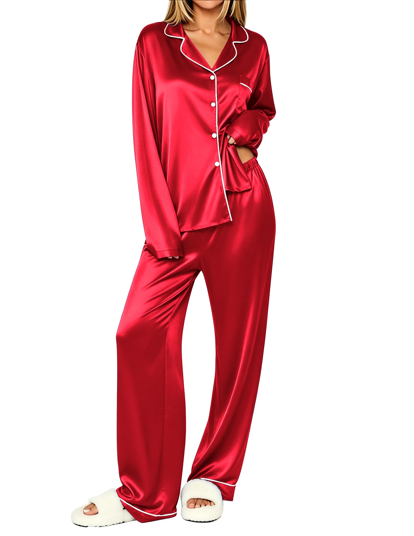 Ekouaer Womens Pajamas Silk Satin Long Sleeve Button Down Pjs Lounge Set