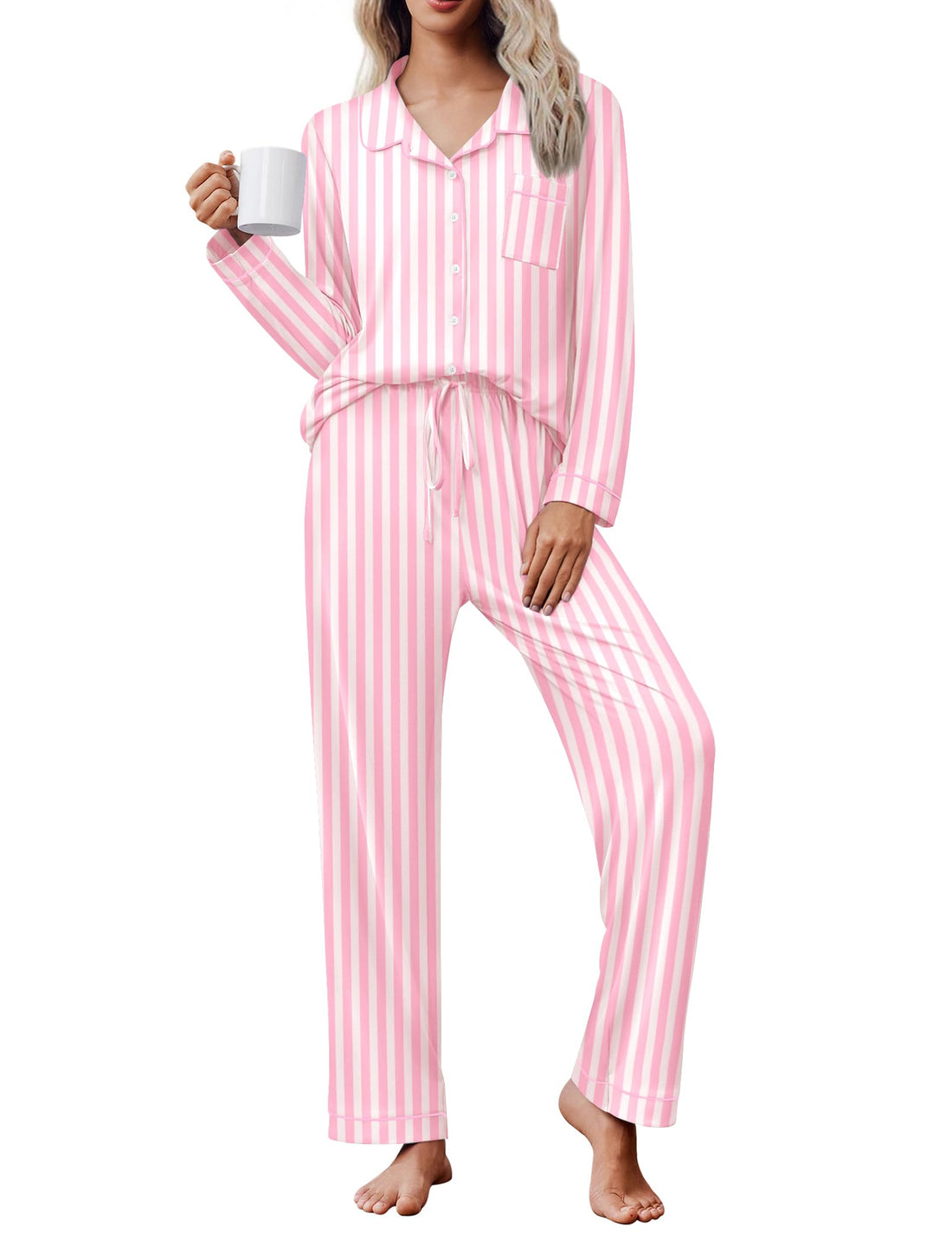 Ekouaer Women's Pajama Set Long Sleeve Lounge Set Soft Button Down Pjs
