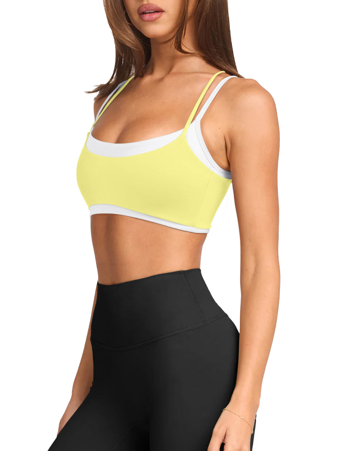 LASLULU Womens Double Layered Sports Bra Adjustable Spaghetti Straps Sexy Scoop Neck Wireless Padded Workout Yoga Crop Tops