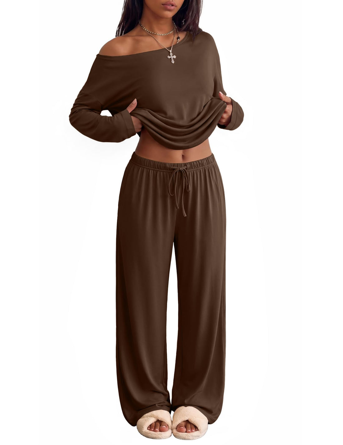 Ekouaer Womens Pajama Sets Off Shoulder Lounge Set 2 Piece Long Sleeve PJs