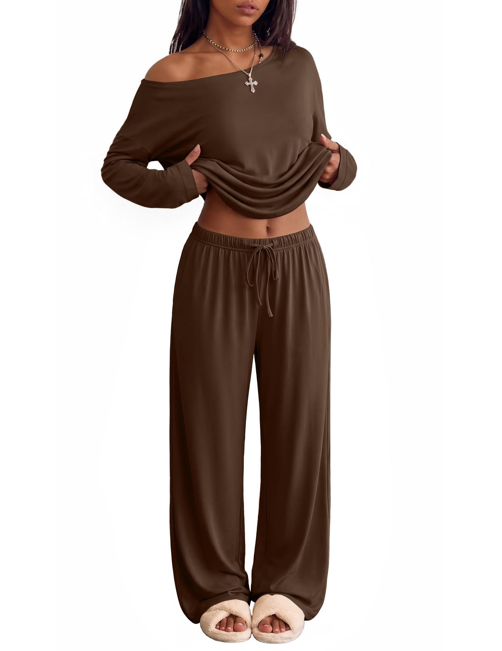Ekouaer Womens Pajama Sets Off Shoulder Lounge Set 2 Piece Long Sleeve PJs