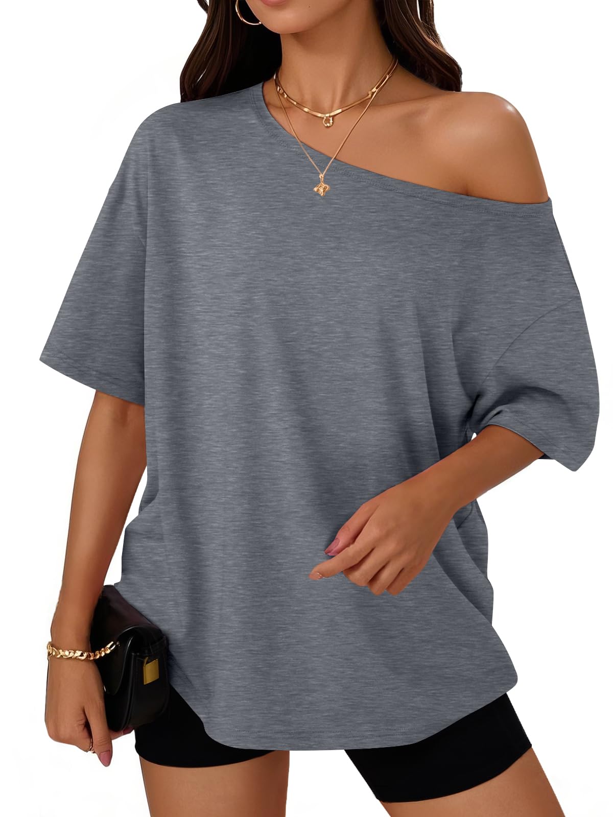 Trendy Queen Womens Off the Shoulder Tops Oversized Summer T-Shirts 2026 | Breathable comfort stretch fabric, short sleeve, basic oversized tees, casual workout gym, y2k going out clothes