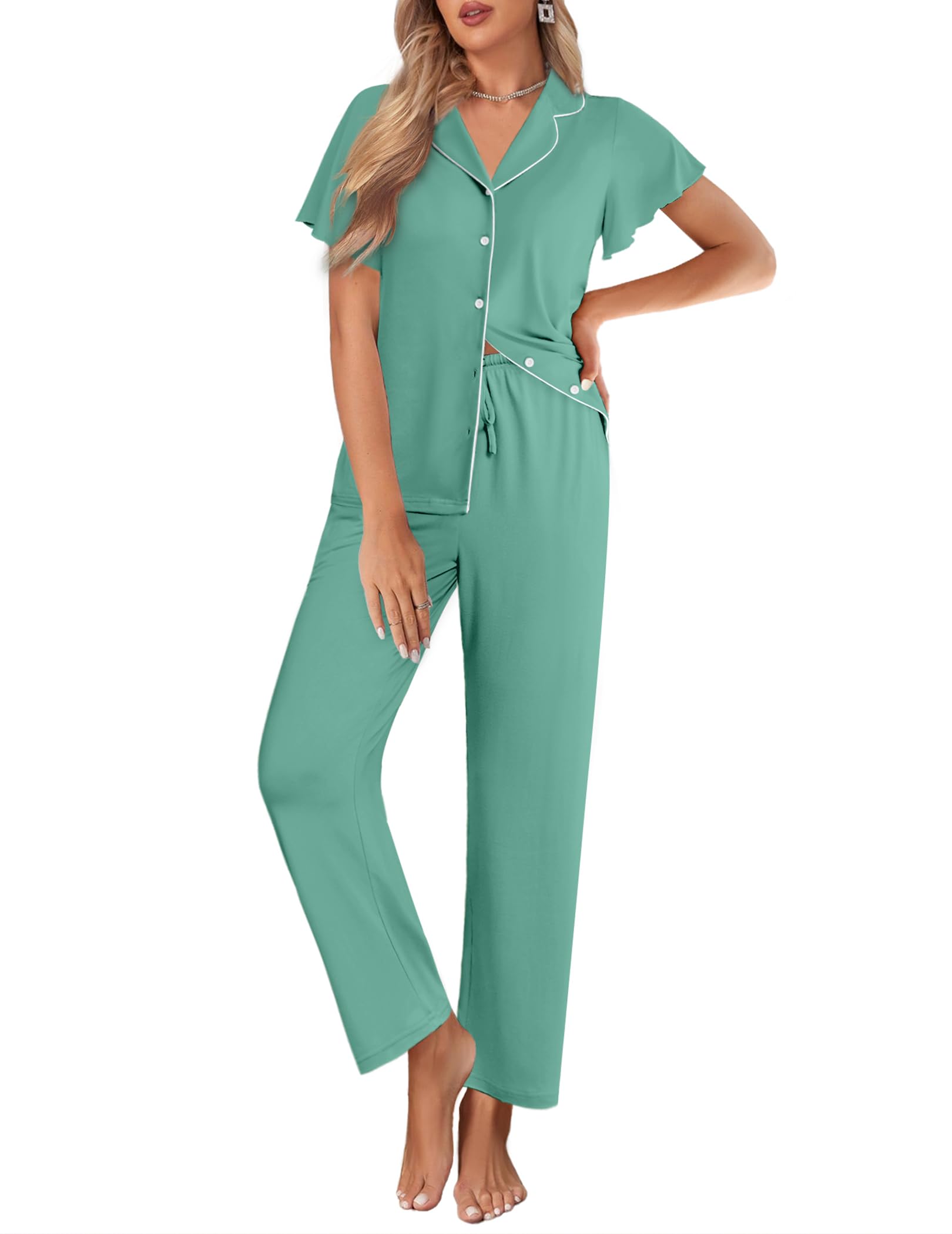 Ekouaer Pajamas for Women Set Ruffle Sleeve Button Up with Long Pants