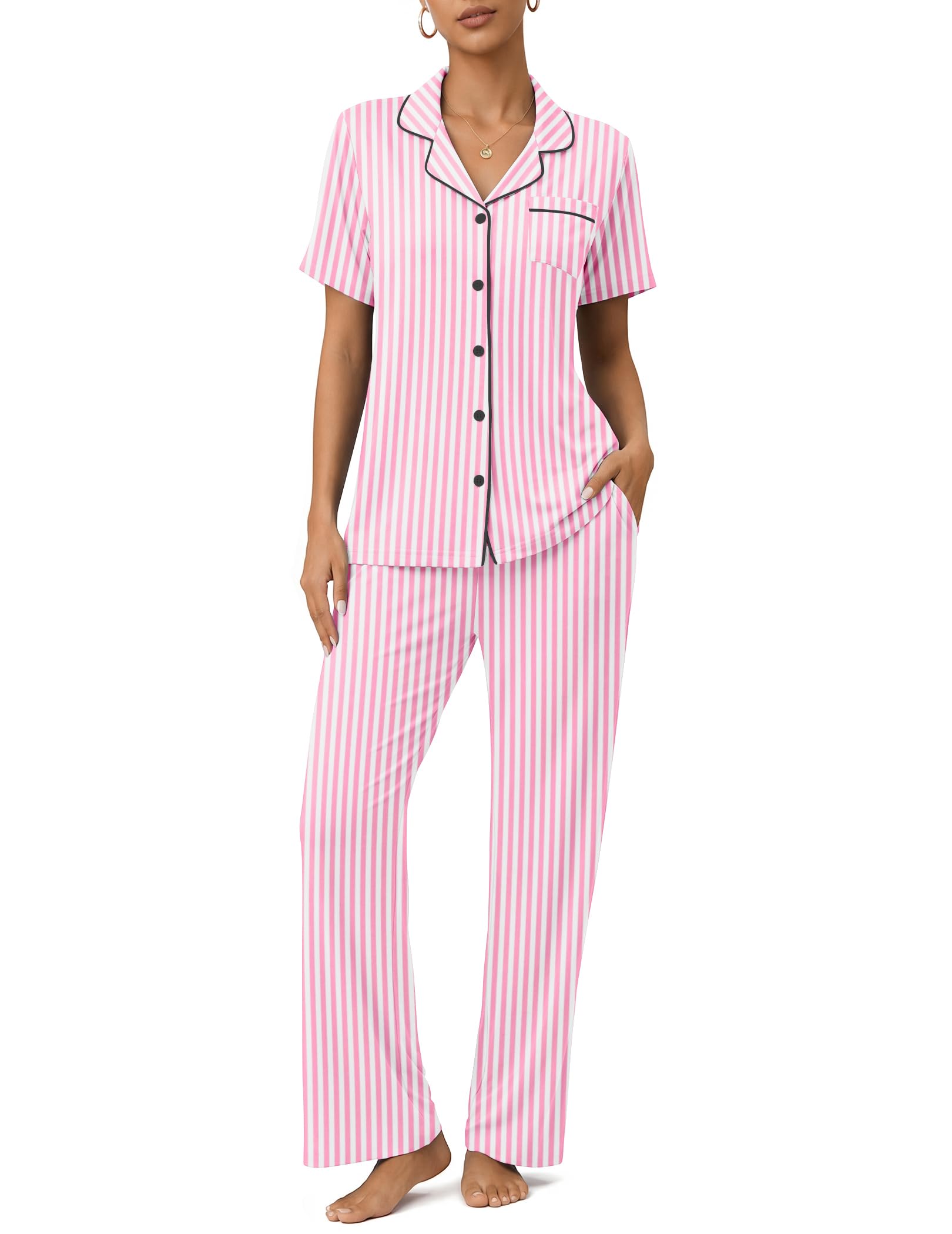 Womens Pajamas Sets 2 Piece Button Up Pj Sets Short Sleeve with Long Pant